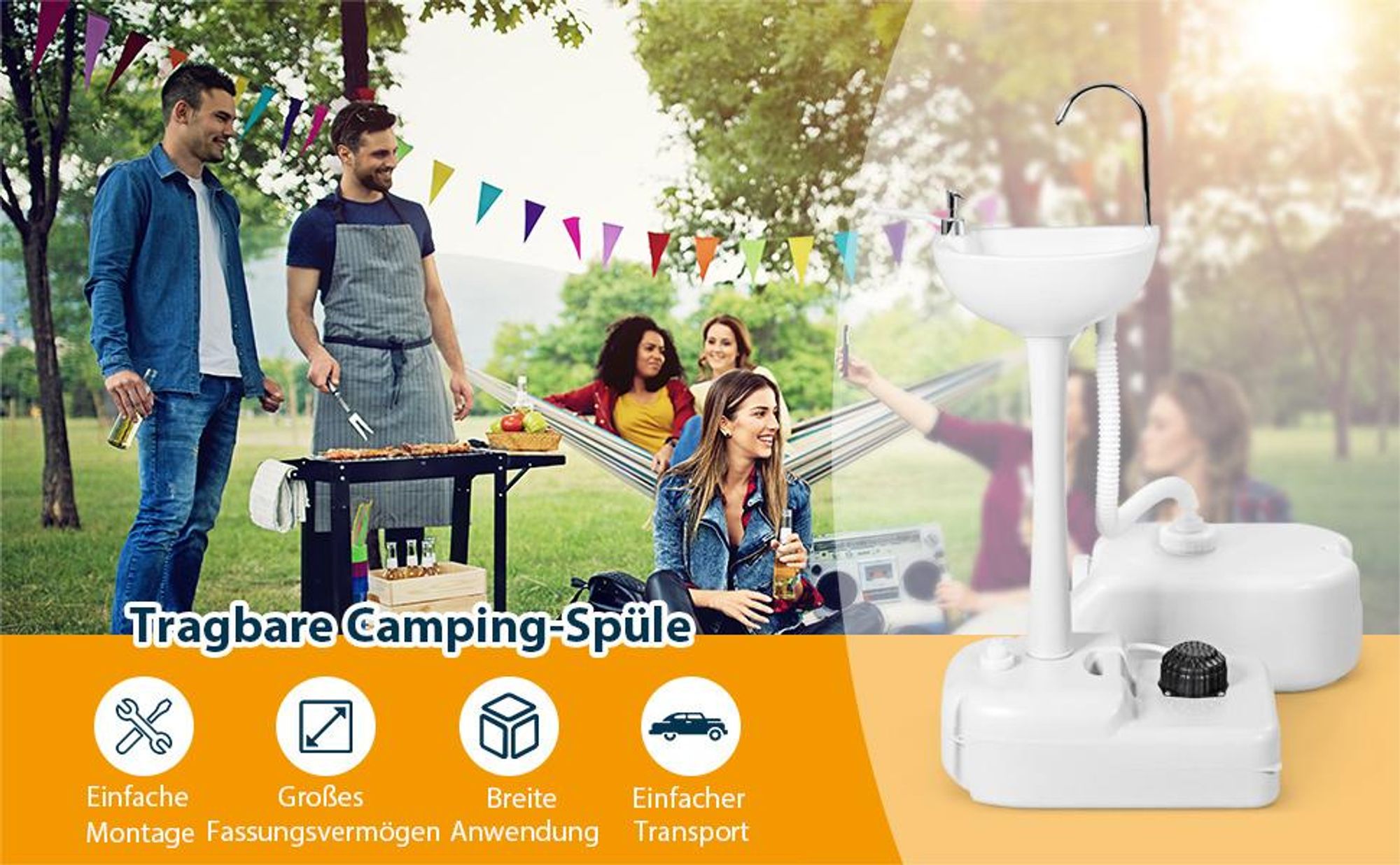COSTWAY Camping-Waschbecken, Handwaschbecken mit 17L Wassertank, Rädern, Handtuchhalter, Flüssigseifenspender & Fußpumpe, für Camping, Festival&Garten