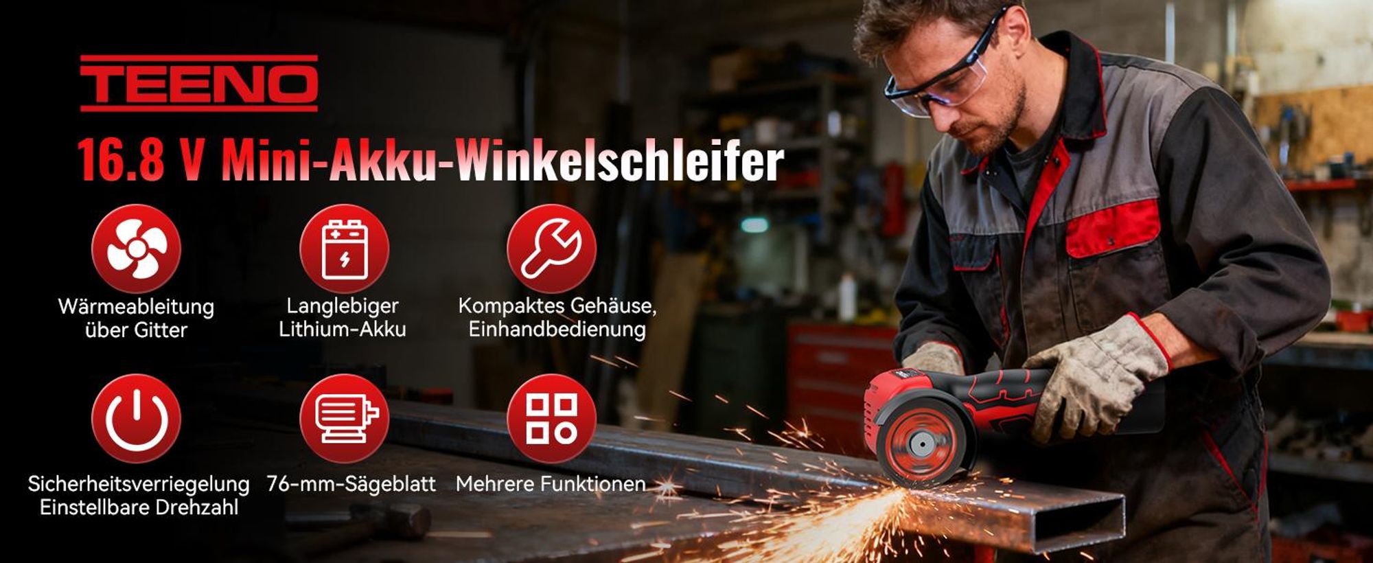 Winkelschleifer TEENO 19.500 U/min – kabellose Schleifmaschine, 76 mm, Komplettset mit 2 Akkus 2000 mAh und 6 Scheiben – zum Schleifen, Polieren