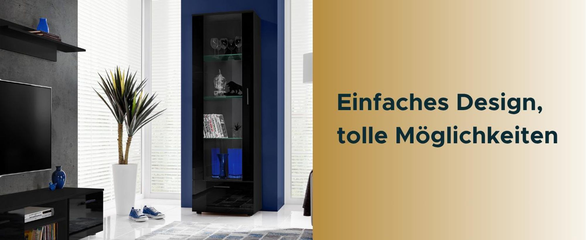 Komodee, Vitrine Schrank Alessandria, Schwarz/Schwarz, Breite 60cm x Höhe 192cm x Tiefe 42cm, 3 Glasböden, 1 Regal aus laminierter Platte, für Wohnzimmer, Schlafzimmer, LED Blau