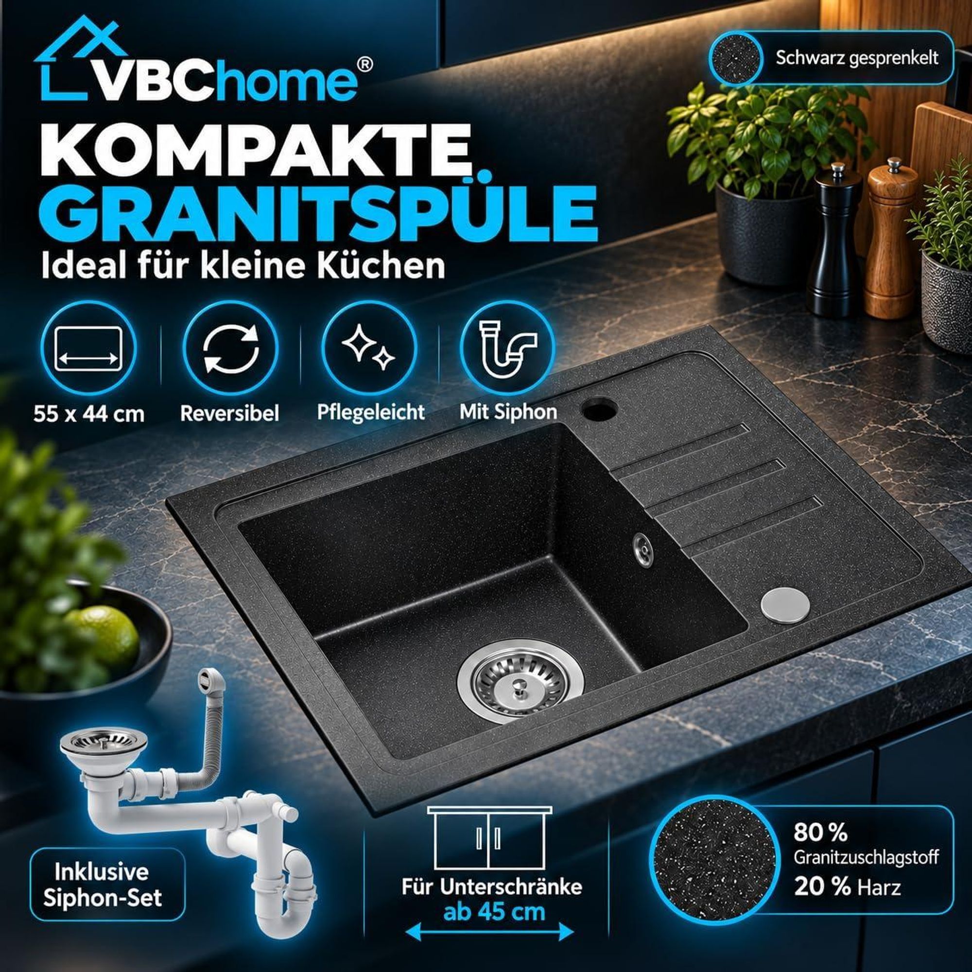 VBChome Spülbecken Granit Schwarz 55 x 44 cm Einzelbecken Einbauspüle Gesprenkelt Reversibel Granitspüle Schwarz Siphon Waschbecken