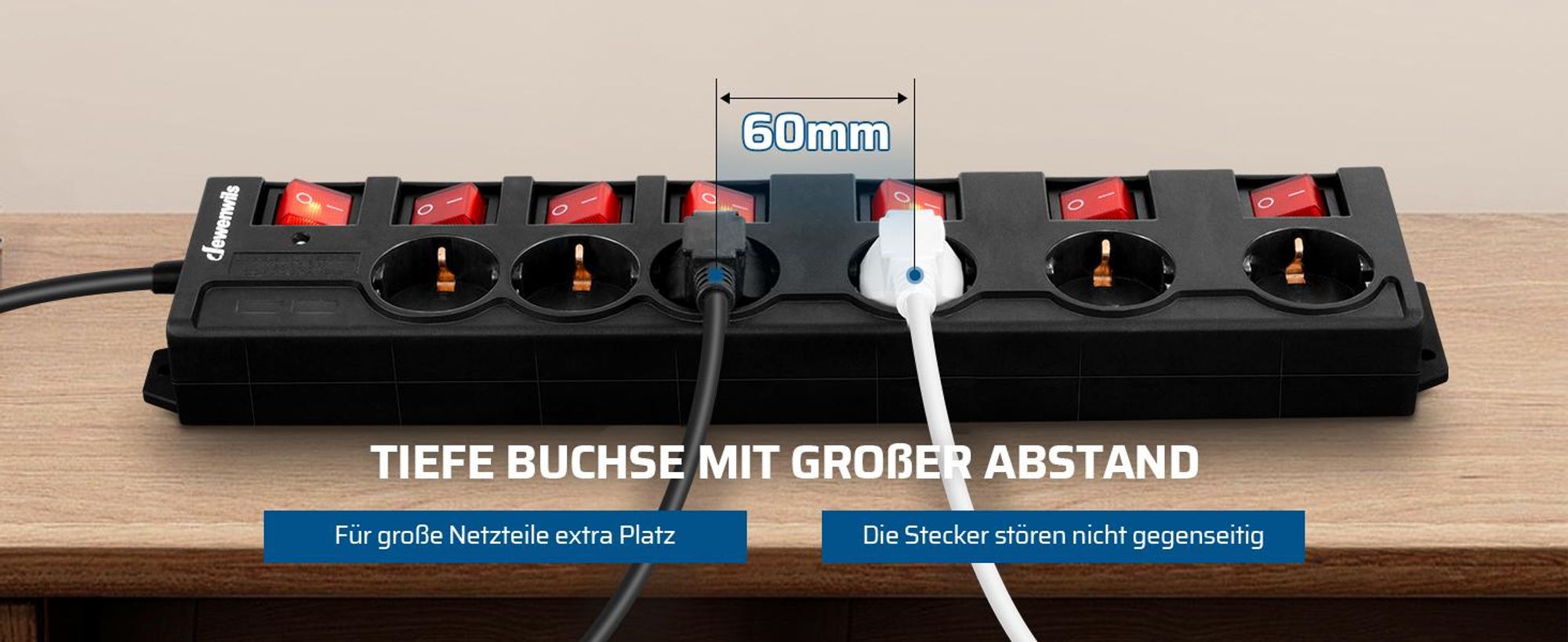 DEWENWILS Steckdosenleiste 3M Einzeln Schaltbar, 6 Fach Steckdosenleiste, Schwarz