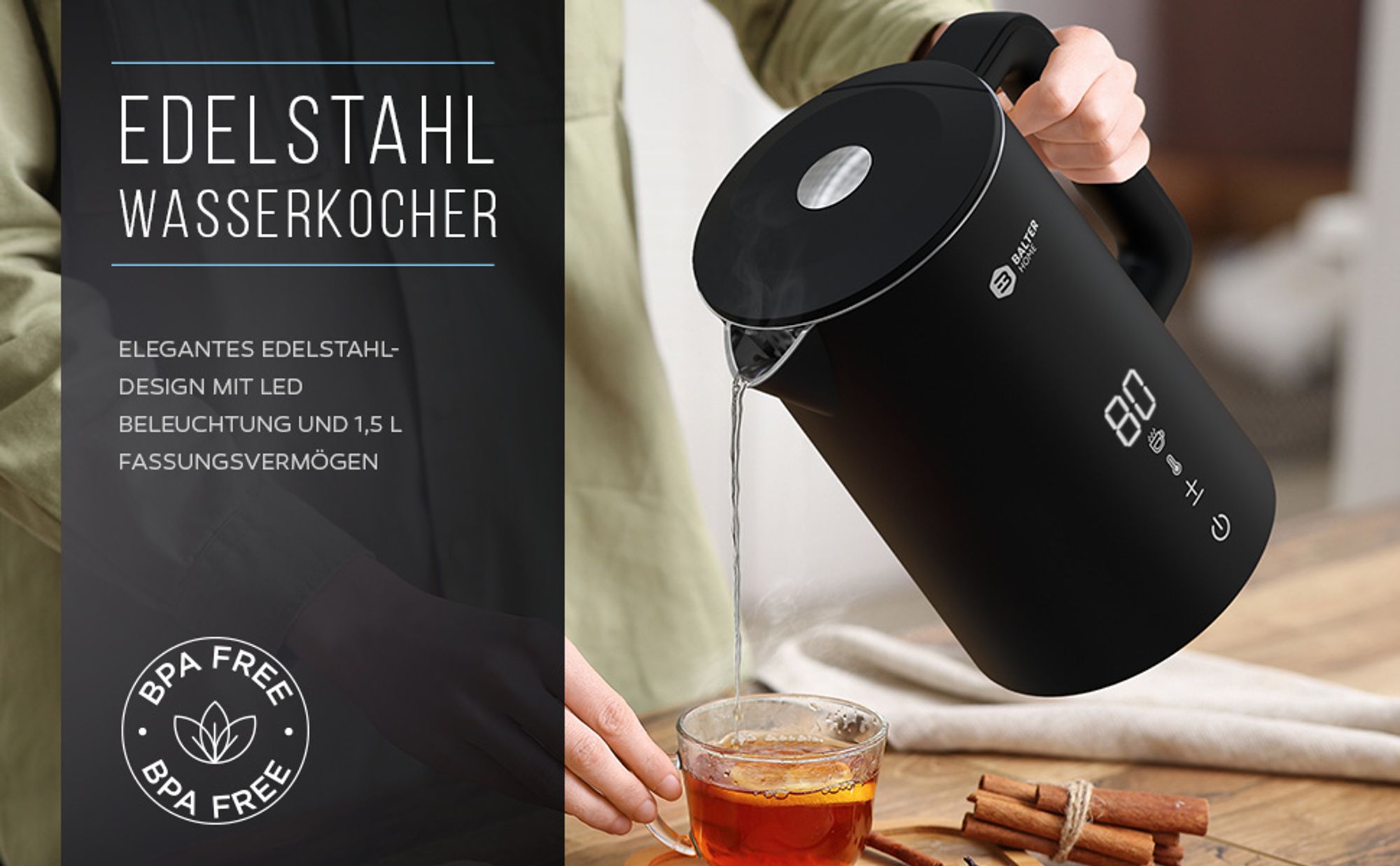 Balter Wasserkocher Edelstahl mit Temperatureinstellung 1,5L, 2200W, BPA-frei, LED-Display, Temperaturwahl 40°C-100°C, Abschaltautomatik, Schwarz
