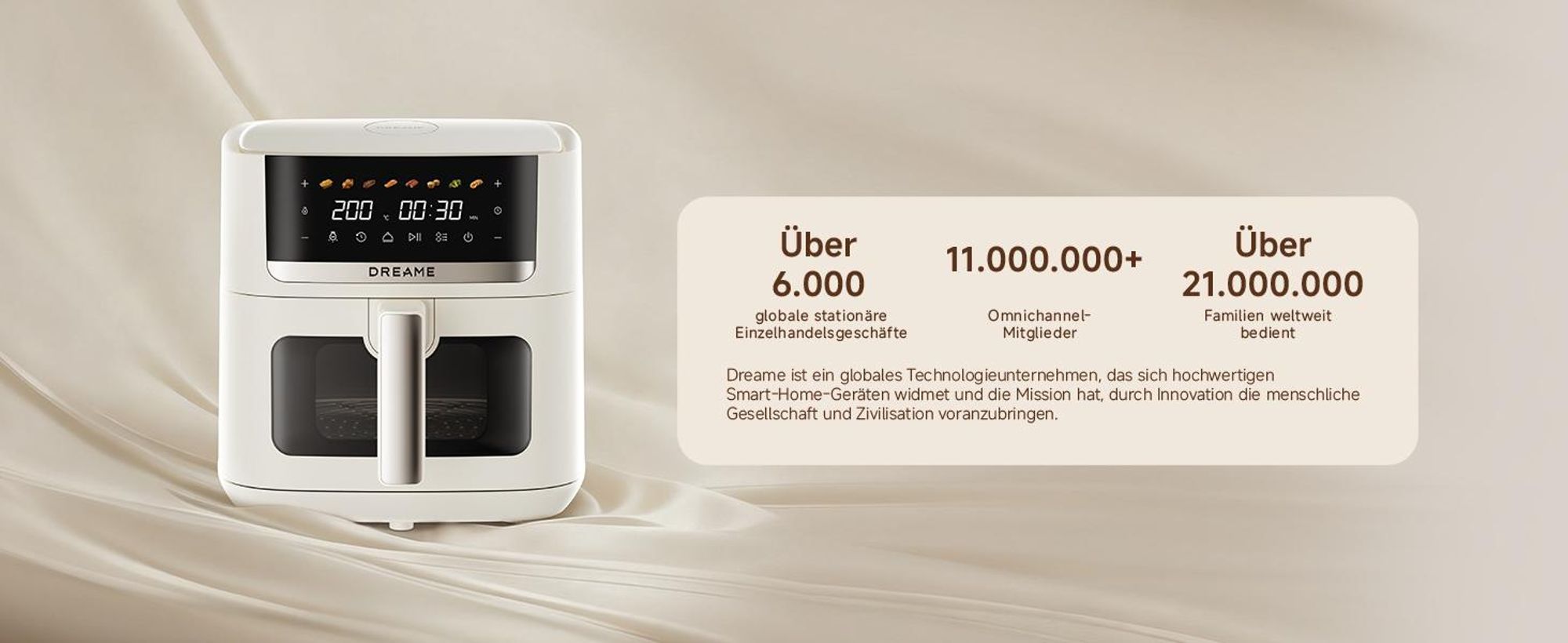 Dreame KrispNow™ AF20,6L Heißluftfritteuse,Metal-Innenraum,0-Fluorid Titanium-Keramik,Dual-Source 360° Hitze,8 Programme&Dörrfunktion,Aprikosenfarbe