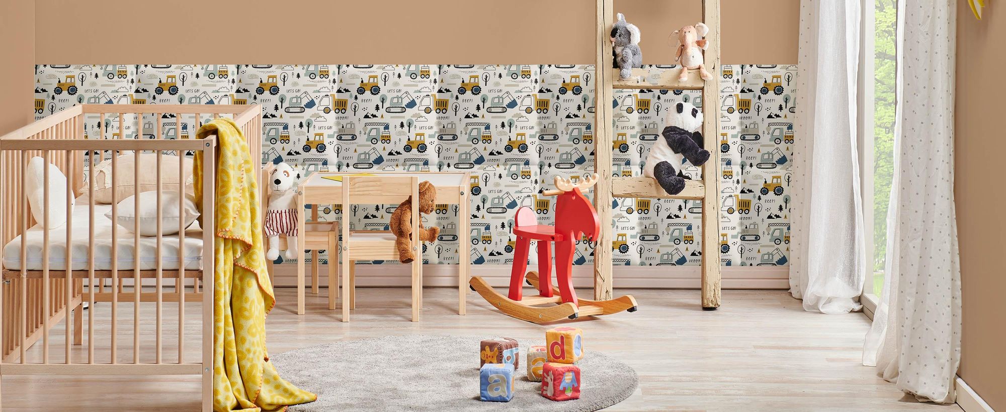 Muralo Gepolstertes Wandpaneel mit Aufdruck für Kinder POLSTERPANEEL 30x30 Wandpolster Bagger Traktoren Skandinavischer Stil Wanddeko für Kinderzimmer