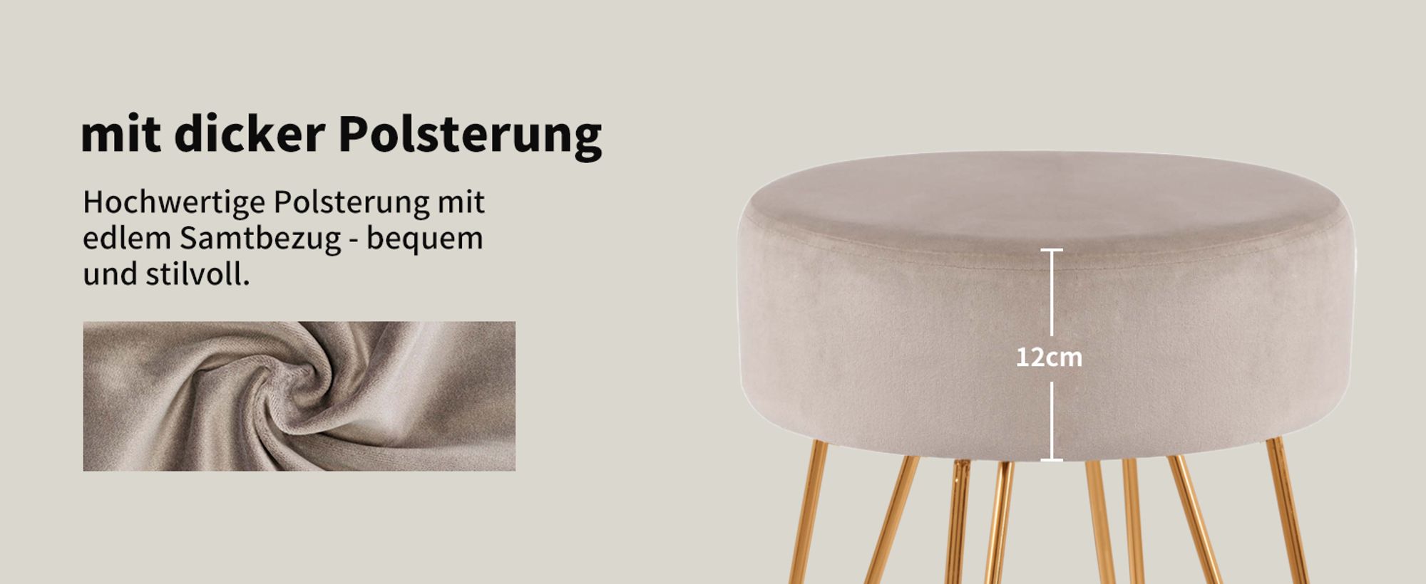 Duhome Sitzhocker Rund Polsterhocker aus Samt Hocker Schminktisch mit Metallbeine, Khaki