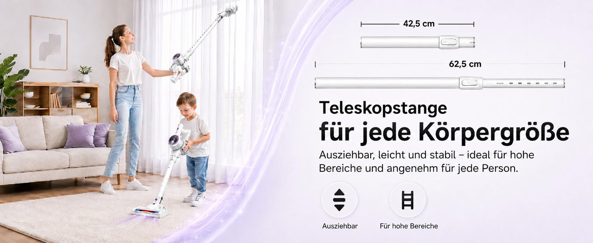 Akku Staubsauger, 500W/32000 Pa Staubsauger kabellos mit HEPA ,45 Min, kabelloser Staubsauger,Anti-Tangle-Staubsauger, Handstaubsauger für Tierhaare