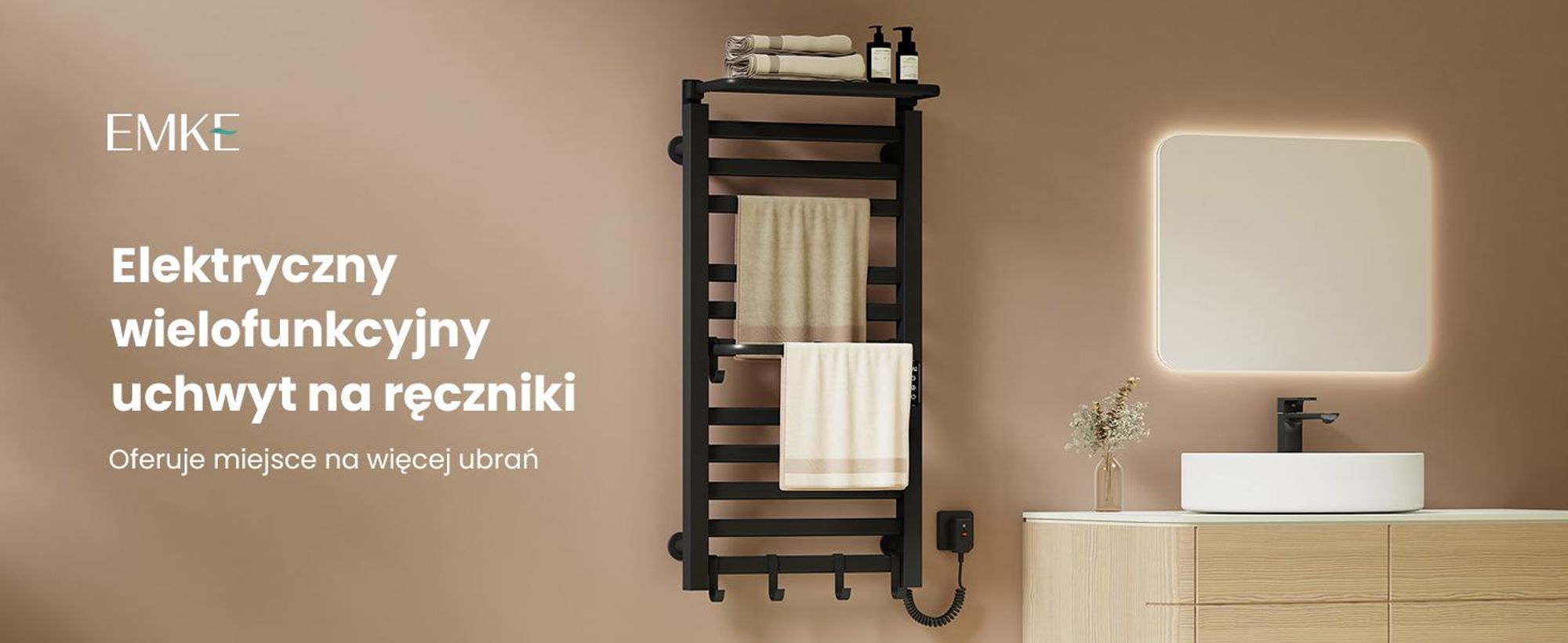 EMKE Grzejnik łazienkowy elektryczny 1000x500 mm, 280W, dwurzędowy, płaskie rurki, półka i haki, WiFi Tuya Alexa, czarny mat