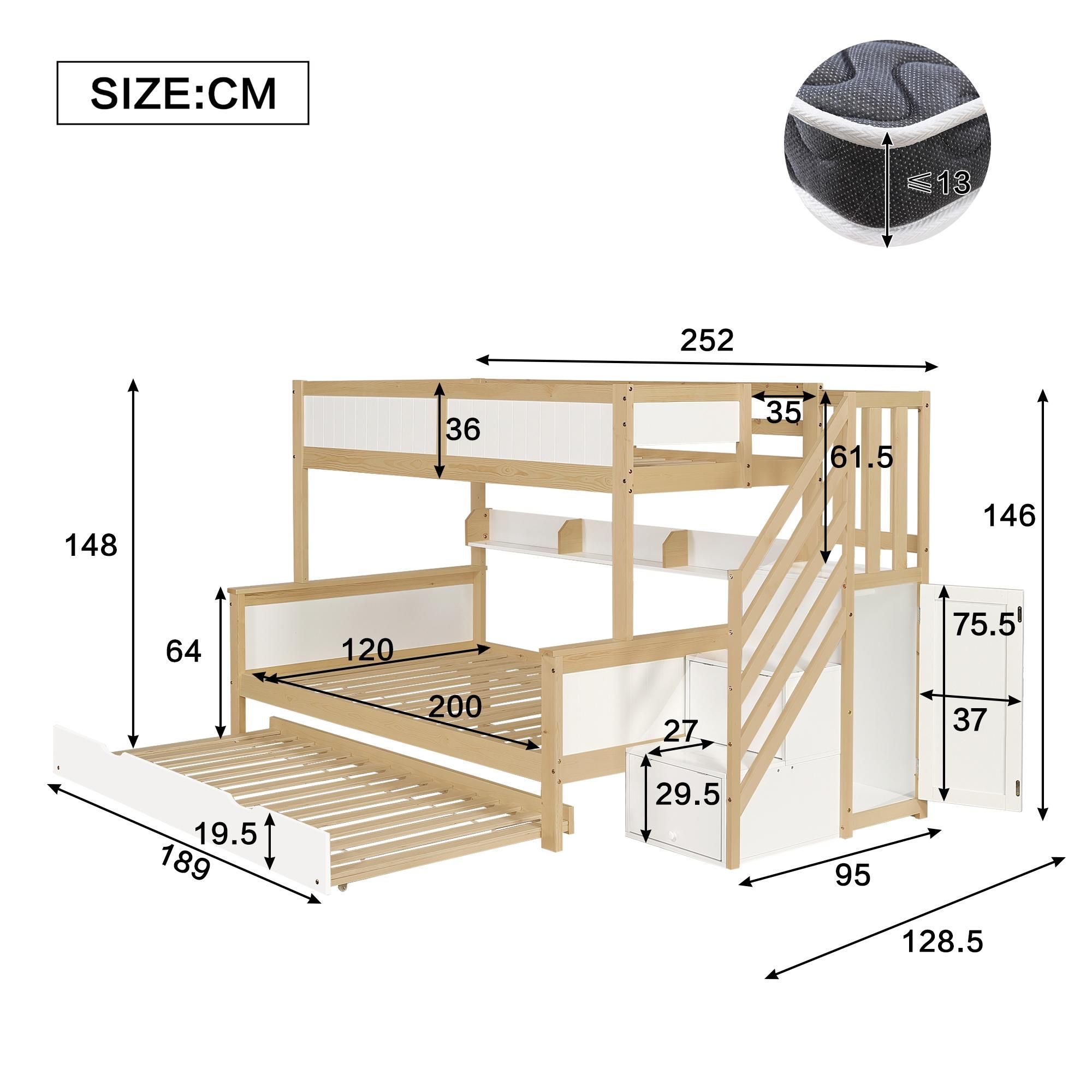 Flieks Etagenbett 90x200 / 120x200cm mit Ausziehbett, Hochbett mit Treppe, Kinderbett mit Ablagen, Stockbett mit Rausfallschutz und Lattenrost