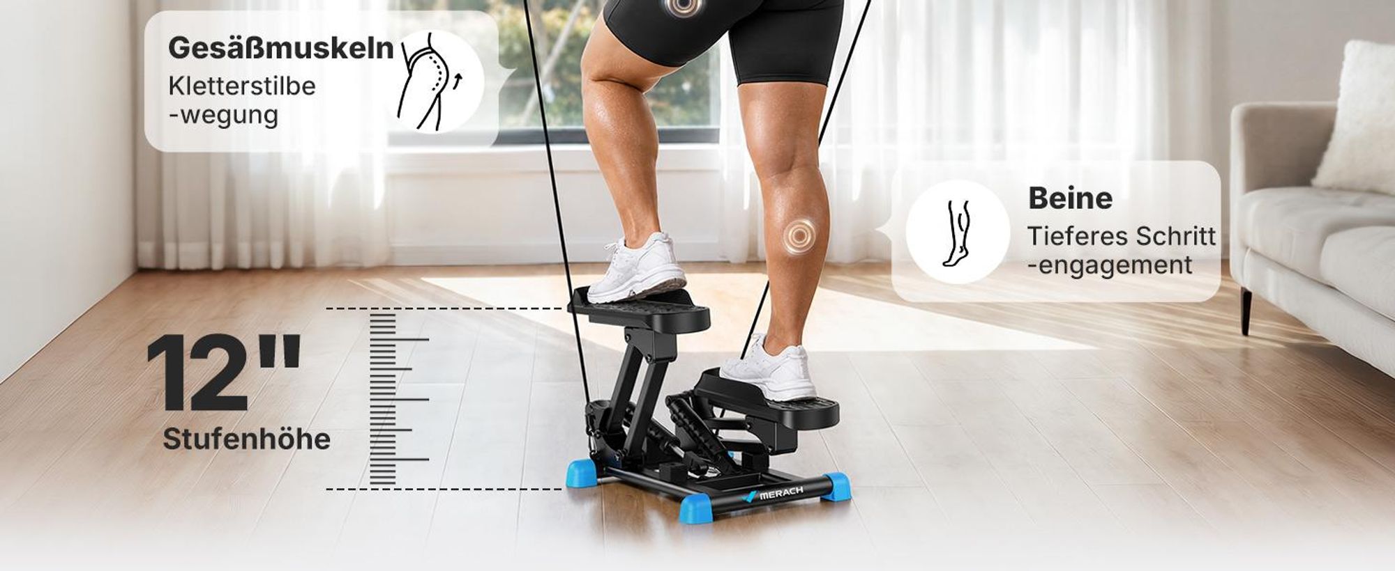 MERACH 3-in-1 Mini Stepper mit LCD-Display und Widerstandsbändern – großer 155-mm-Schritt, leise Stoßdämpfung, Ganzkörpertrainer bis 150 kg, schwarz