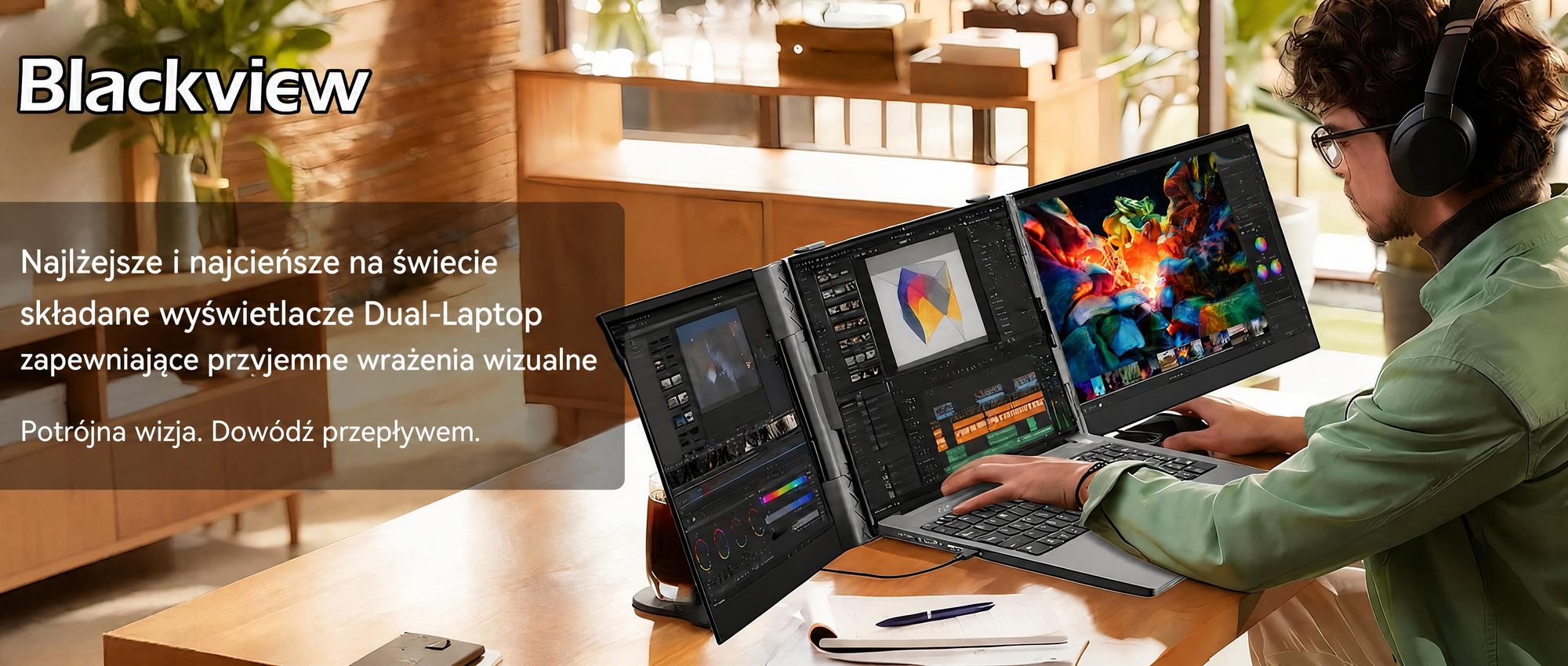 Blackview Przenośny monitor DCM6 14", monitor do laptopa z dwoma ekranami, ultracienki, FHD, do laptopów 13,3"-17,3", certyfikat obrót o 180°, kompatybilny z systemami Windows/Mac/Android
