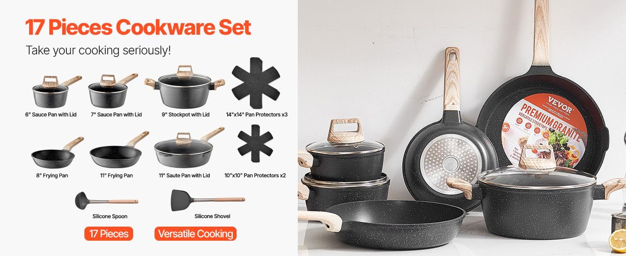 VEVOR Induktions-Kochgeschirr-Set (17-teilig) Induktionskochtöpfe zum Braten, Soßenzubereiten und Kochen in der Wohnmobilküche (Schwarz)