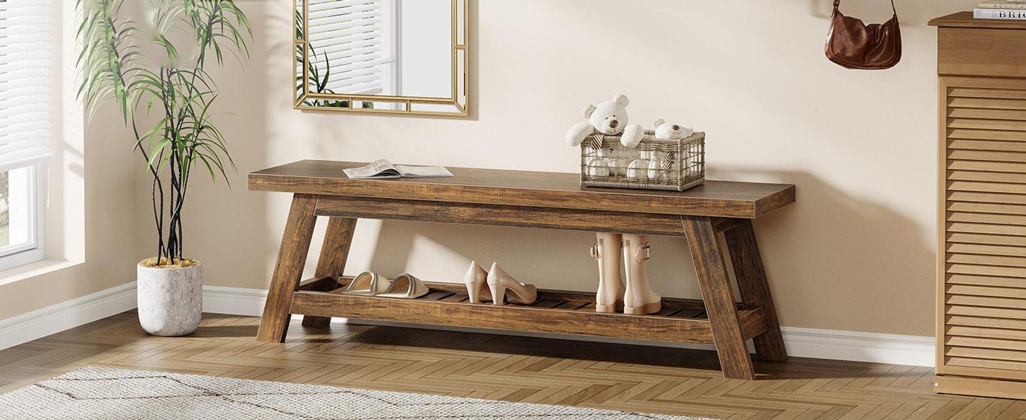 Banc de 140 cm avec espace de rangement pour chaussures, grande banquette en bois, banc étroit à deux niveaux, de style rustique, idéal pour un couloir, une cuisine ou une entrée