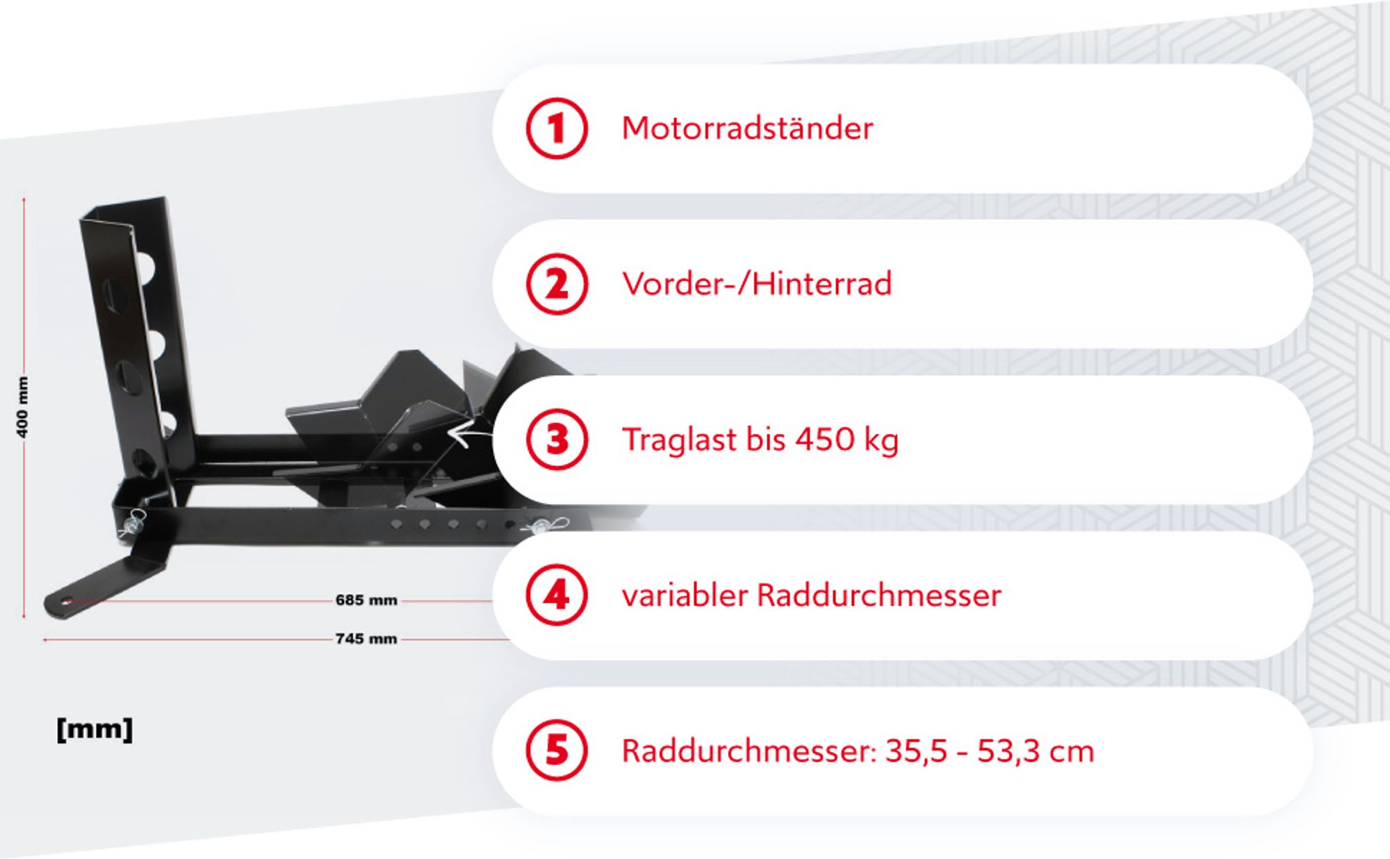 Wiltec Motorradständer bis 450kg Ø14-21", einstellbare Motorradwippe aus Stahl, Montageständer für Vorder- und Hinterrad