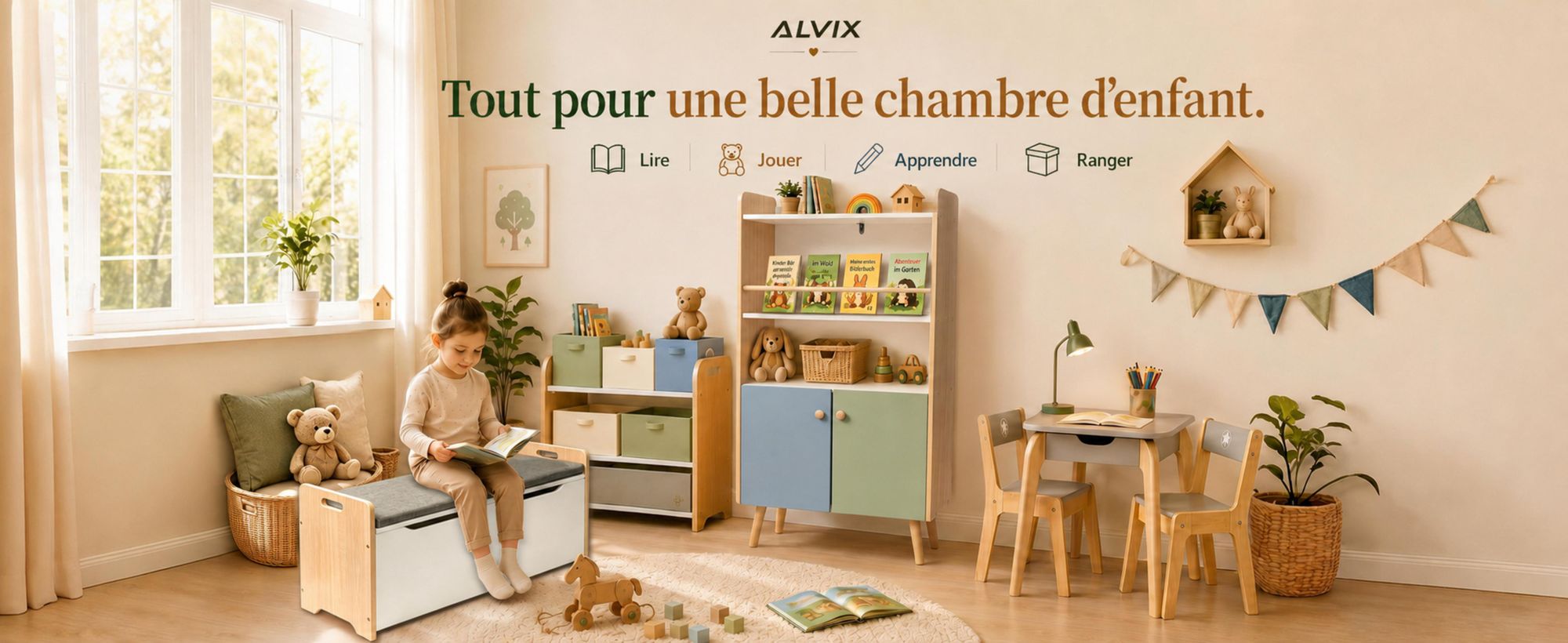 Étagère d'enfant ALVIX NESTA 4 avec 2 portes, bibliothèque Montessori pour enfants avec espace de rangement pour les livres, étagère à jouets et armoire de rangement, équipée d'un système anti-basculement