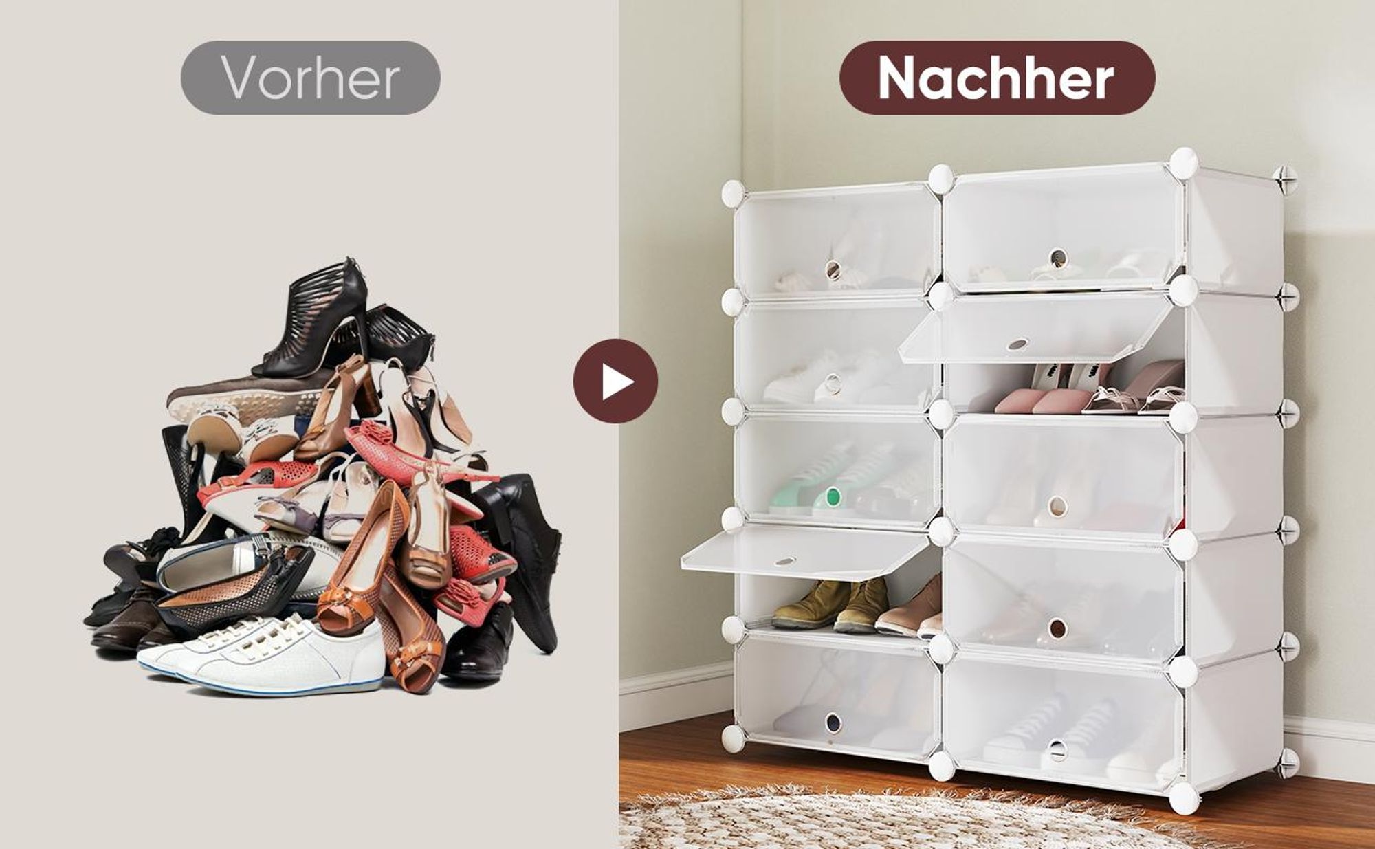 Sekey Schuhregal Schmal Schuhschrank mit 10 Fächern 1-tlg mit Tür, DIY Kunststoff Schuhaufbewahrung , Weiß