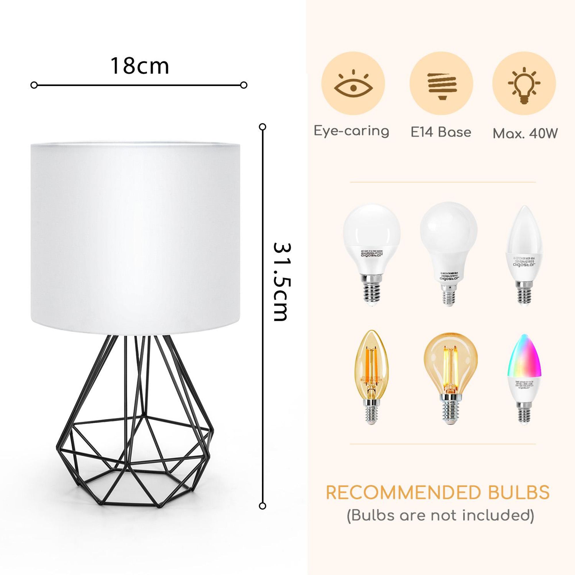 Aigostar - Tischlampe, Kleine Nachttischlampe, Modernes Hohlblock-Design Tischleuchte, Schreibtischlampe mit Weißem Stoff-Schirm , Sockel E14