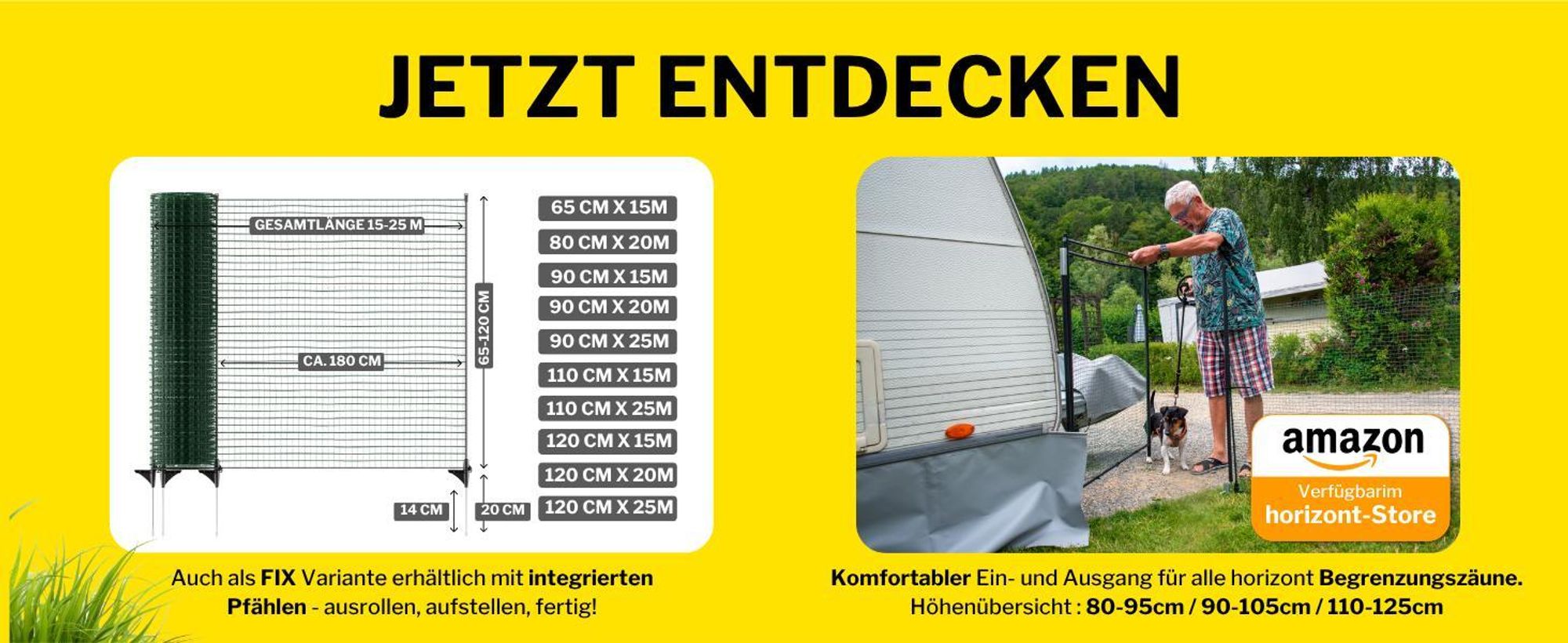 horizont Begrenzungszaun FLEX, 15 m lang & 90 cm hoch, engmaschig, mobiler Spezialzaun mit 9 separaten Pfählen aus Fiberglas, Gartennetz, Hundezaun, Absperrzaun, für Camping