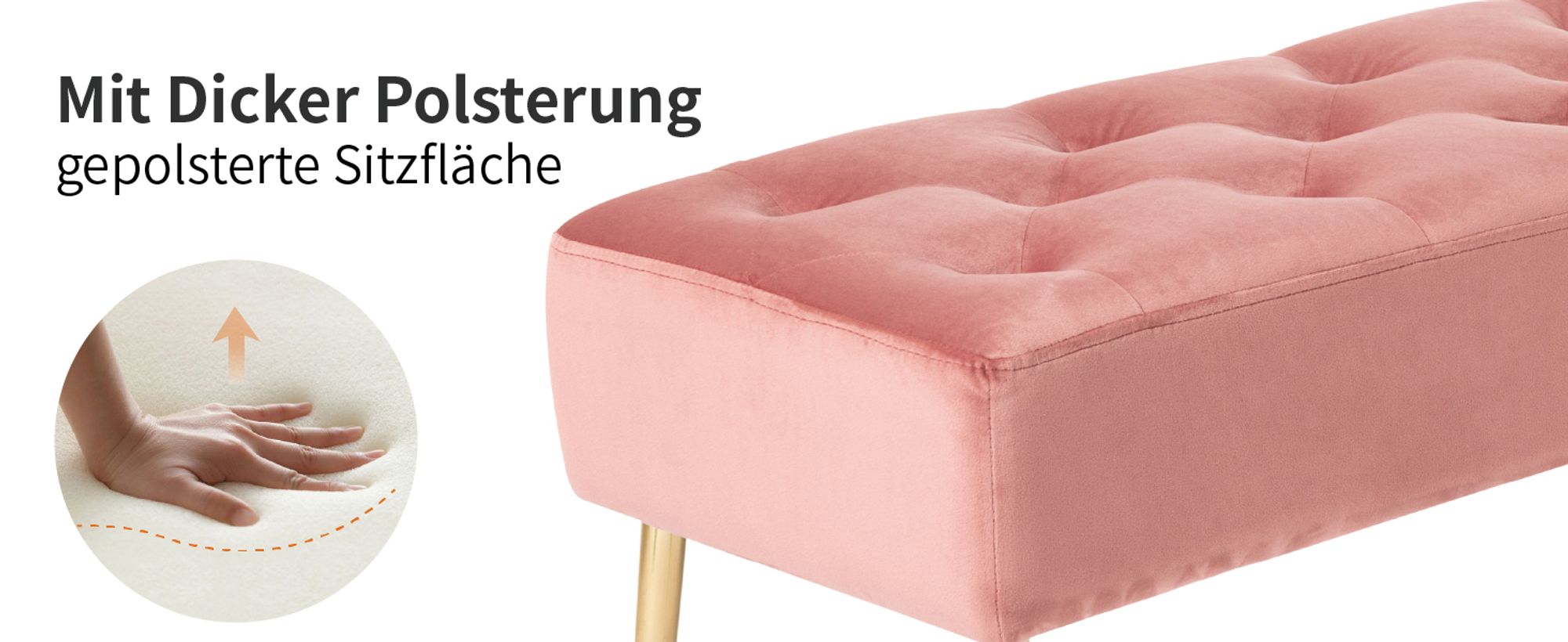 Duhome Sitzbank Polsterbank mit Knöpfen, Schuhbank aus Samt, rechteckig Bettbank mit Metallbeine, Rosa