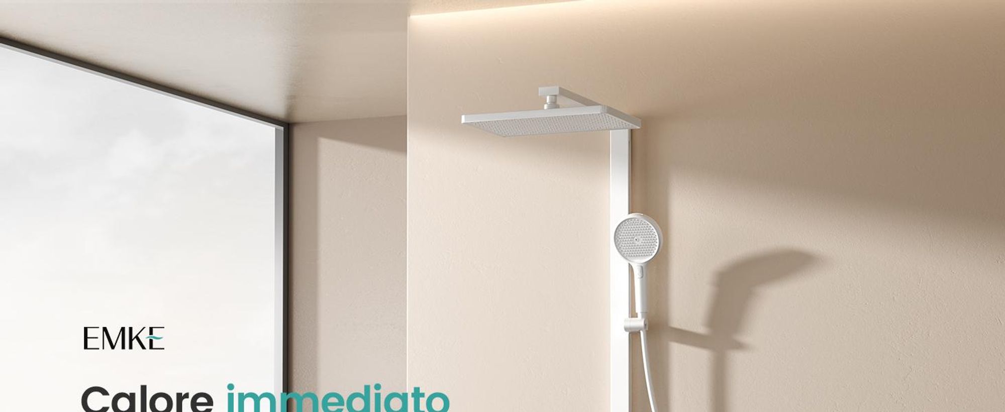 Sistema doccia EMKE con termostato, soffione a pioggia 36x24cm, doccia a pioggia con ripiano in vetro, doccetta con 4 intensità di getto, rubinetteria per vasca e doccia, bianco opaco