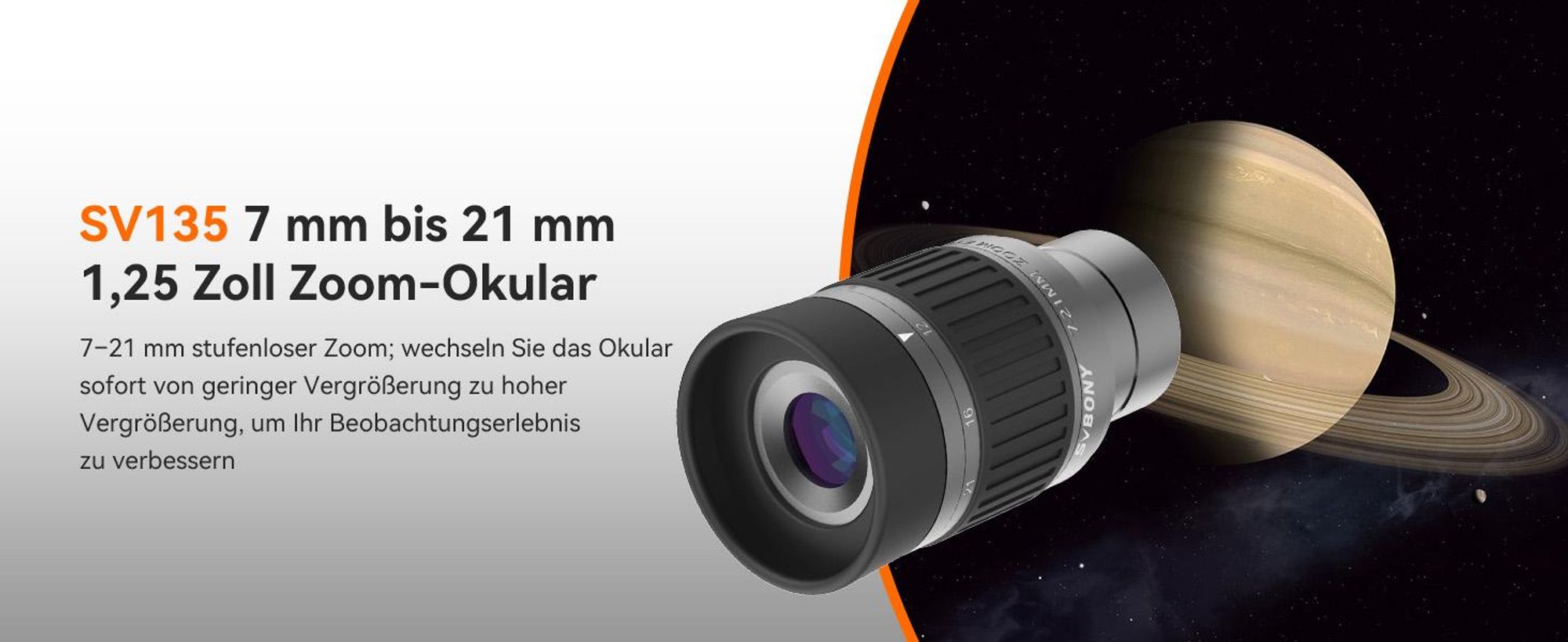 Svbony SV135 Teleskop Okular, 1,25 Zoll, 7–21 mm Zoom, 52-Grad-Sichtfeld, FMC 5-Element-3-Gruppen, Teleskop Zubehör für astronomische Beobachtung
