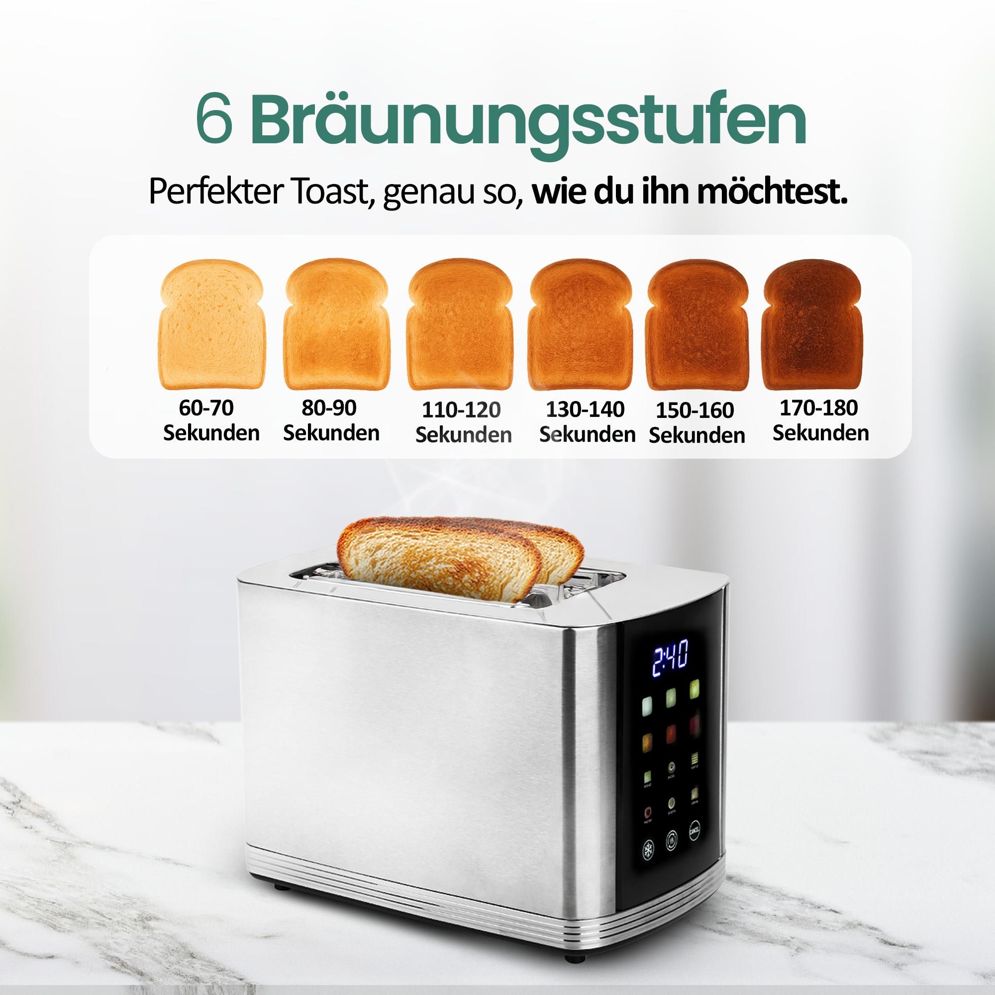 Emerio Toaster mit Digitaldisplay – 2 Schlitzen – Auftaufunktion – Einstellbarer Thermostat – Krümelschublade – Edelstahl-Toaster – TO-132888 – Silber