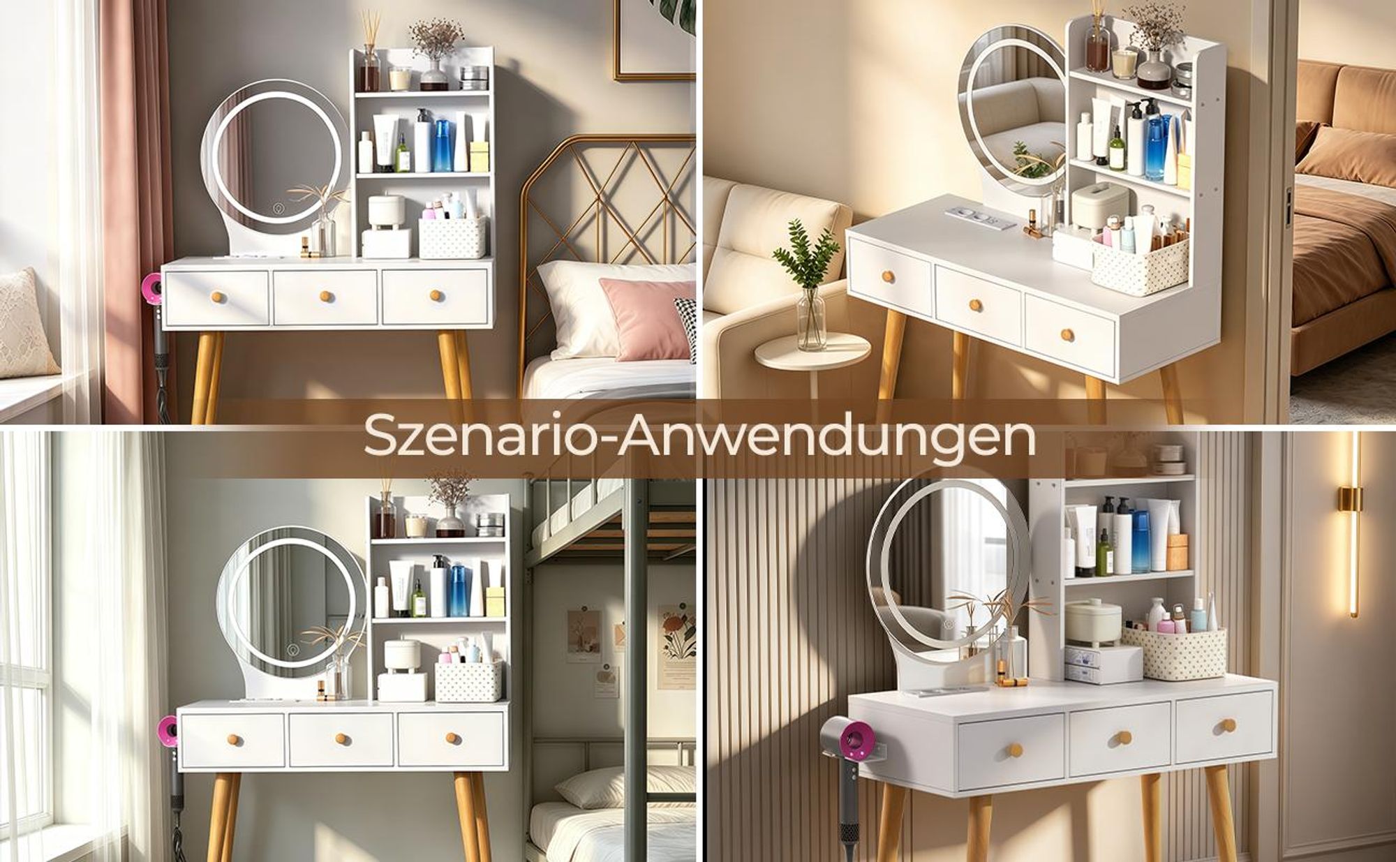 Schminktisch Spiegel mit 3 Schubladen Weiß, Schminktisch Kosmetiktisch Frisiertisch mit 3 Beleuchtungmodi