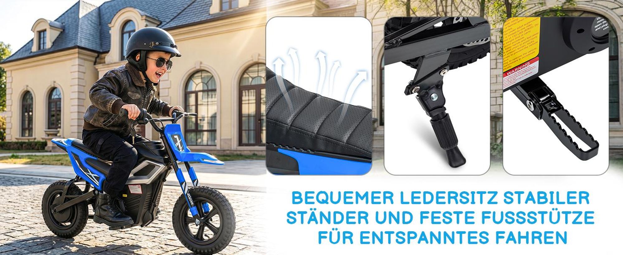 FCH Elektrisches Kindermotorrad, 24 V, 7 Ah, mit Ledersitz, Blau