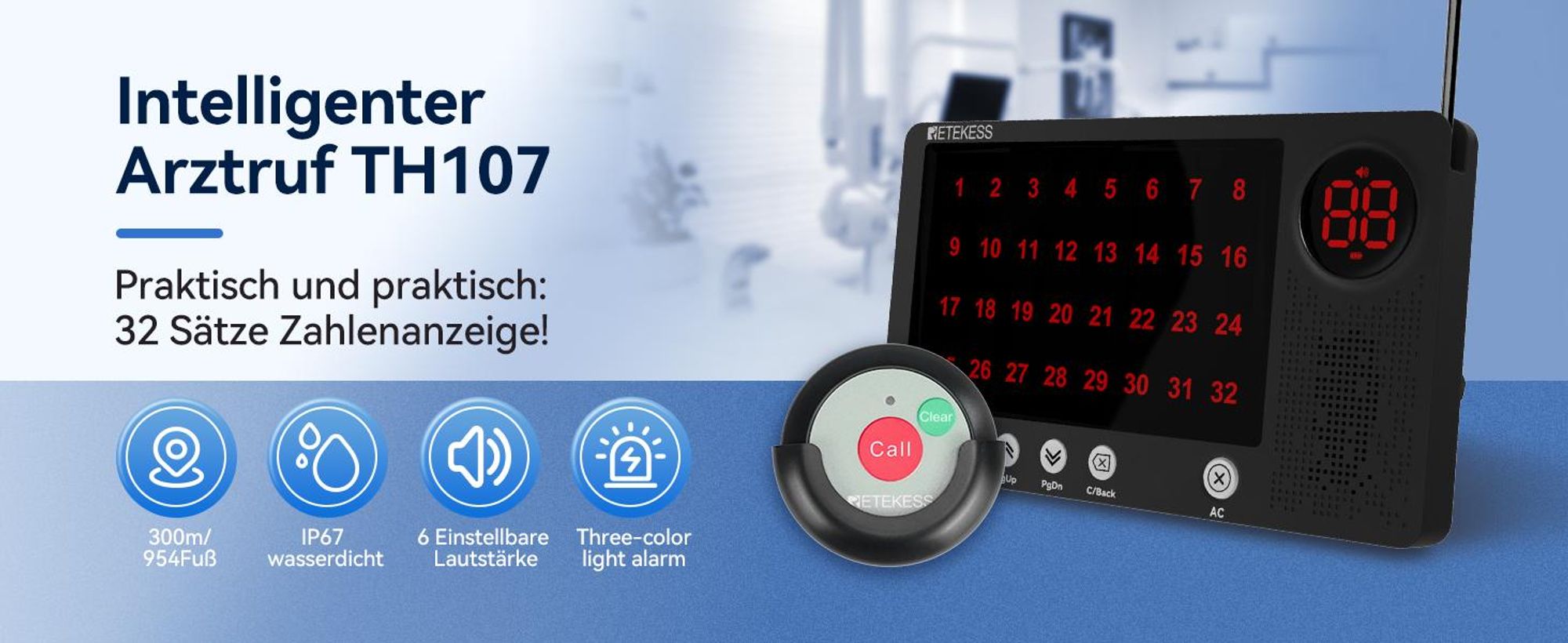Retekess TH107 Pager Rufsystem, Drahtlose Pager System für Senioren, Caregiver Pager, 300m Rufweite, 10 Sprachen, IP67 wasserdicht，für Krankenhaus