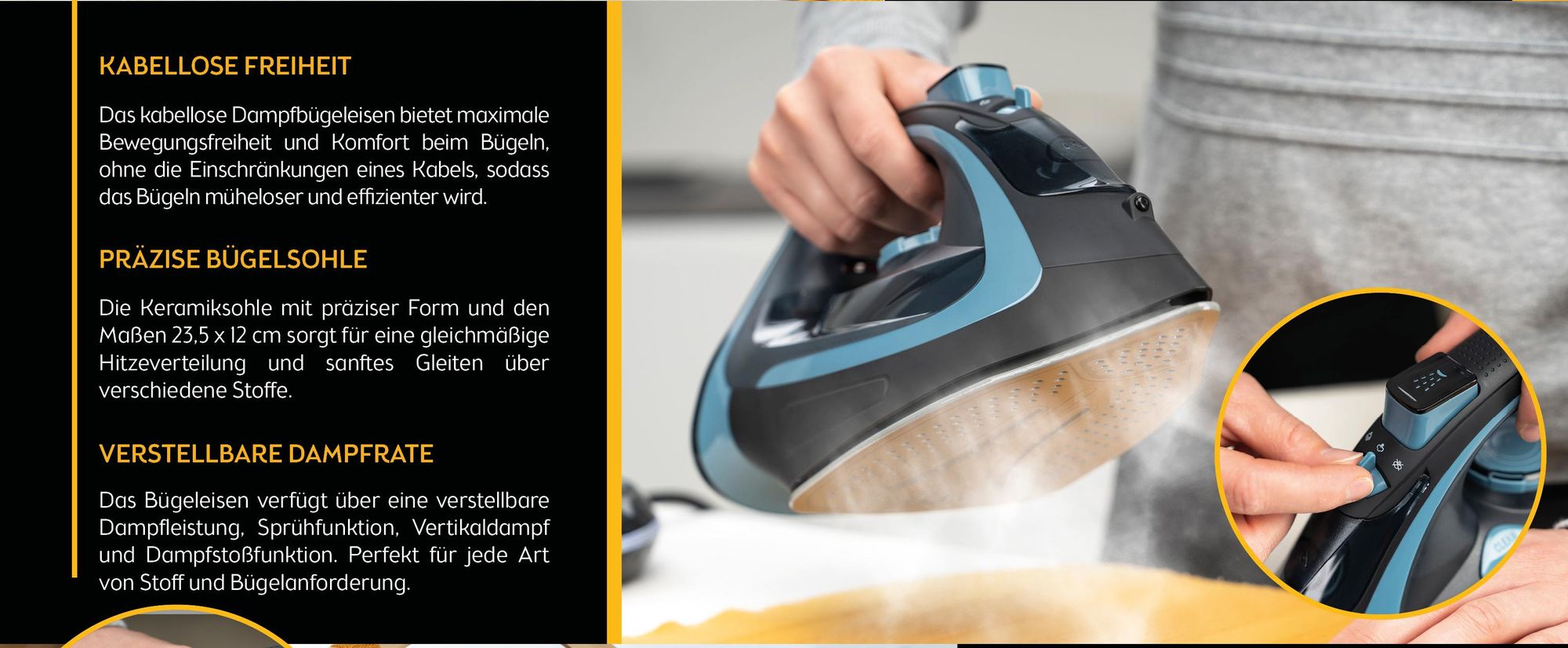TZS First Austria - Dampfbügeleisen kabellos 2400W - 450 ml Tank mit Tropfstop, verstellbarer Temperatur & Dampfstärke - Keramik Bügelsohle - Mit Vertikaldampf
