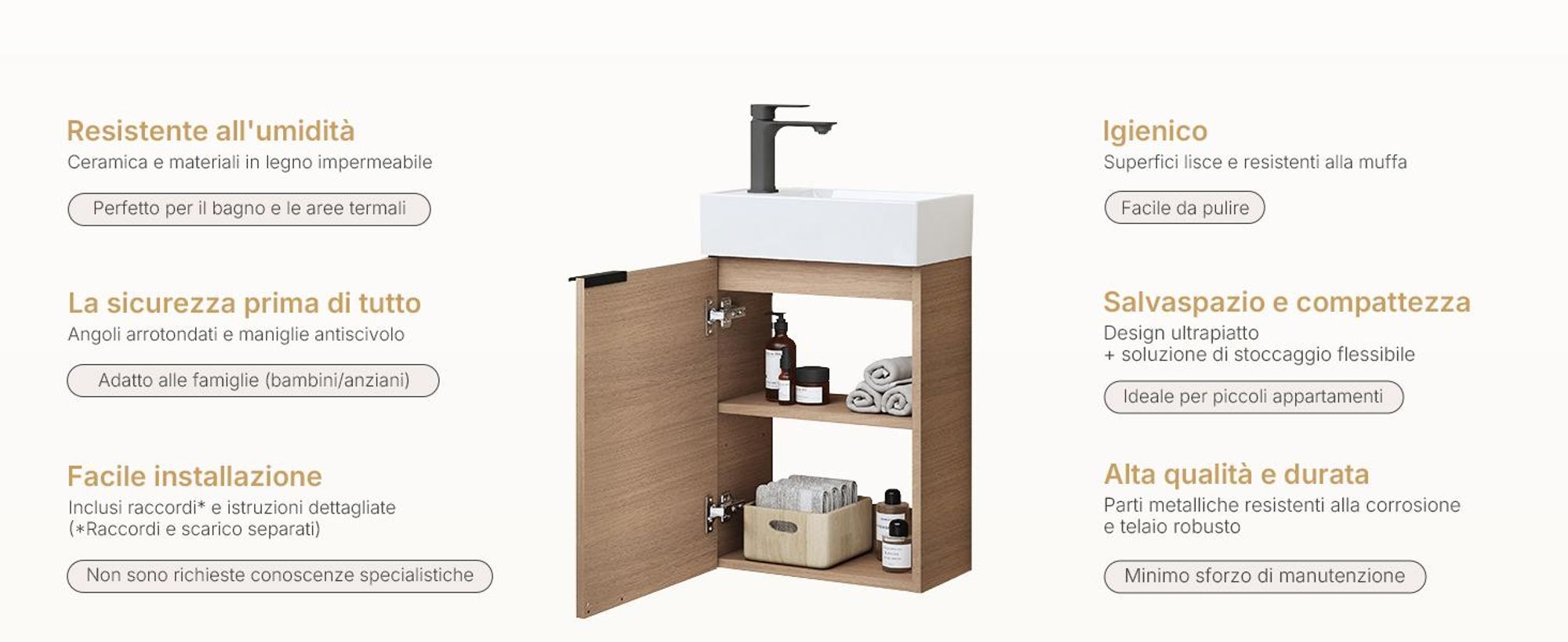 Set lavabo EMKE Mobiletto con lavabo in ceramica 417×240×646 mm sospeso, chiusura soft-close, rovere Sonoma
