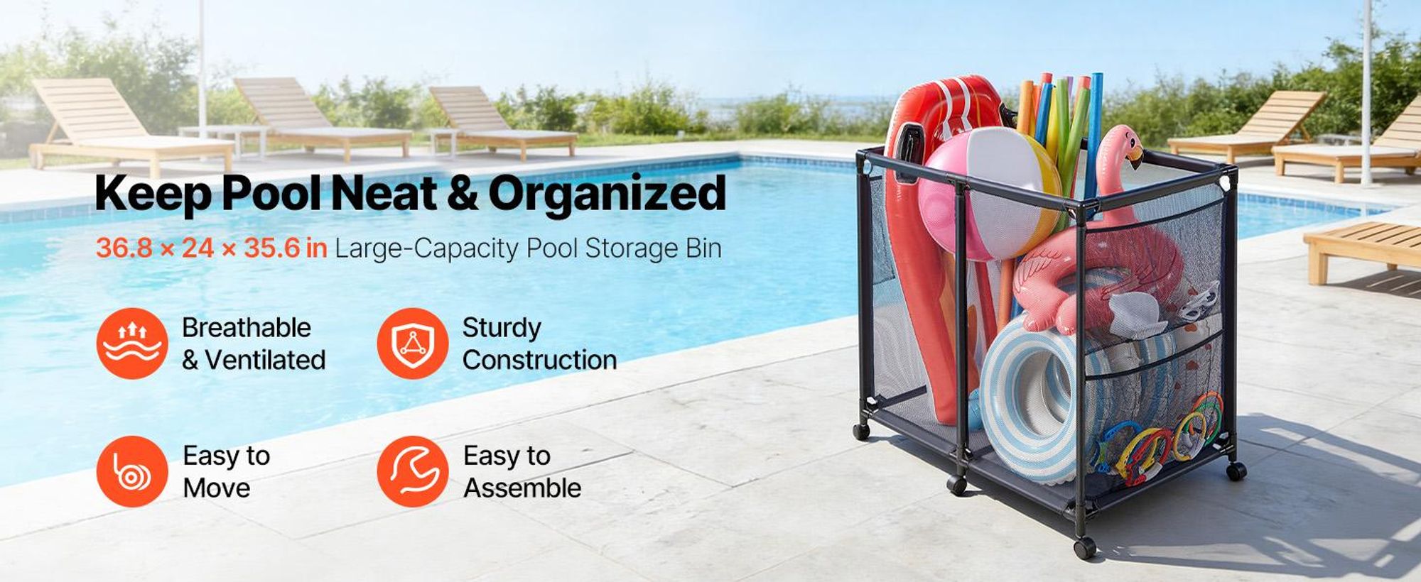 VEVOR Pool-Aufbewahrungsbehälter 93,5 x 61 x 90,4 cm, Aufbewahrungsbox für Pools mit 6 Rollen, Netz-Organizer mit Metallrahmen & Seitentaschen, Organisationskorb für Pool-Nudeln Schwimmausrüstung
