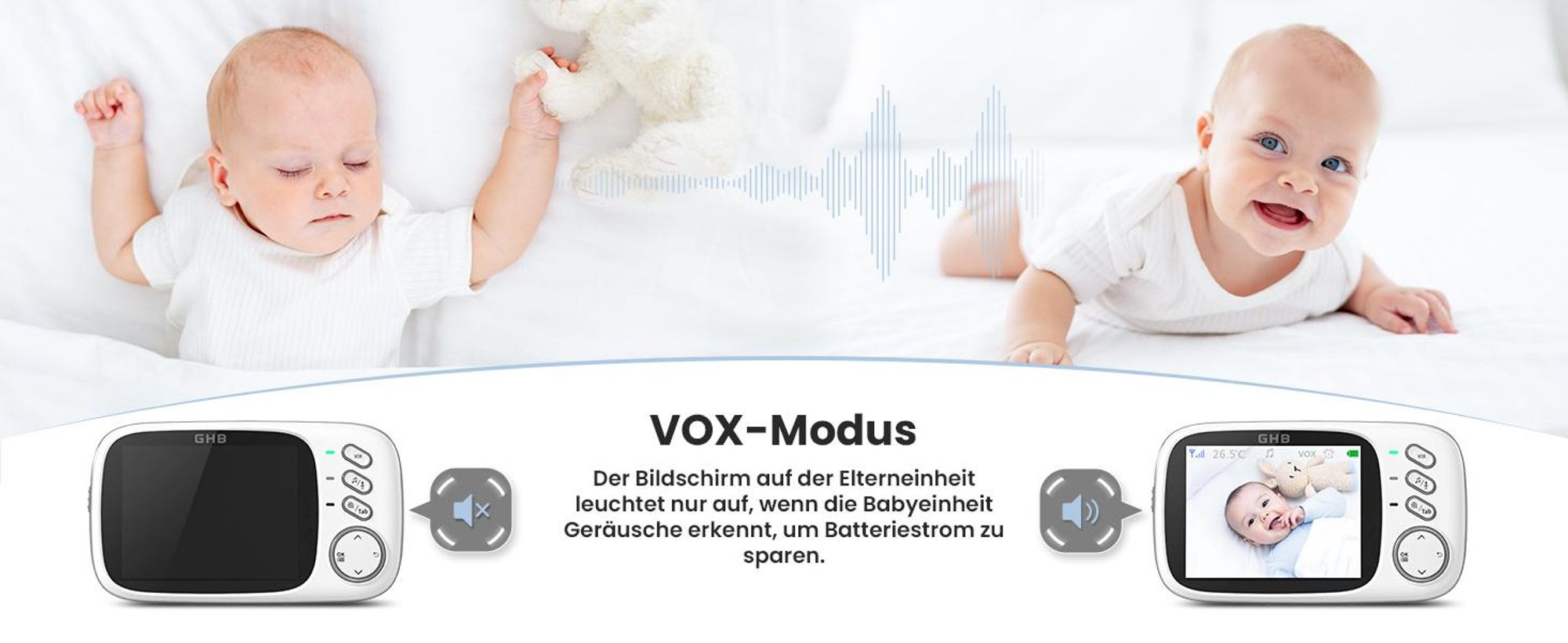 Babyphone mit Kamera 3,2 Zoll Babyphone mit Temperaturüberwachung, Zwei-Wege-Gegensprechanlage, Schlaflied, VOX