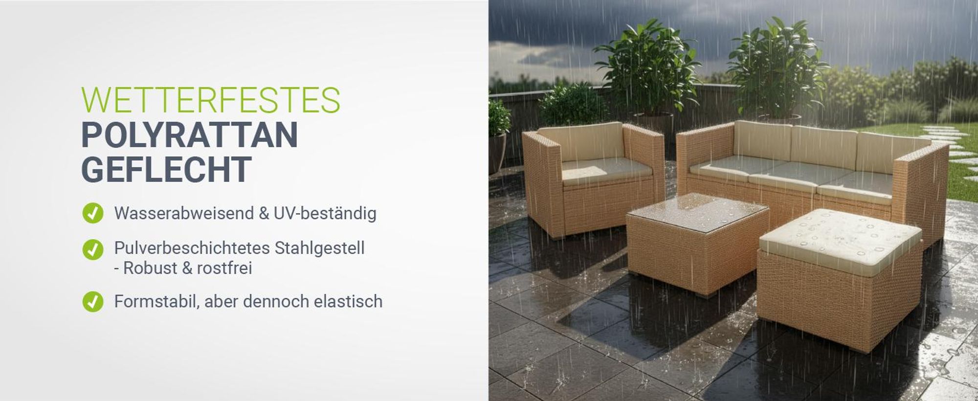Juskys Polyrattan Lounge Punta Cana L creme – Gartenlounge für 4-5 Personen – Sitzgruppe mit Sessel, Sofa, Tisch & Hocker - Sitzbezüge Sand