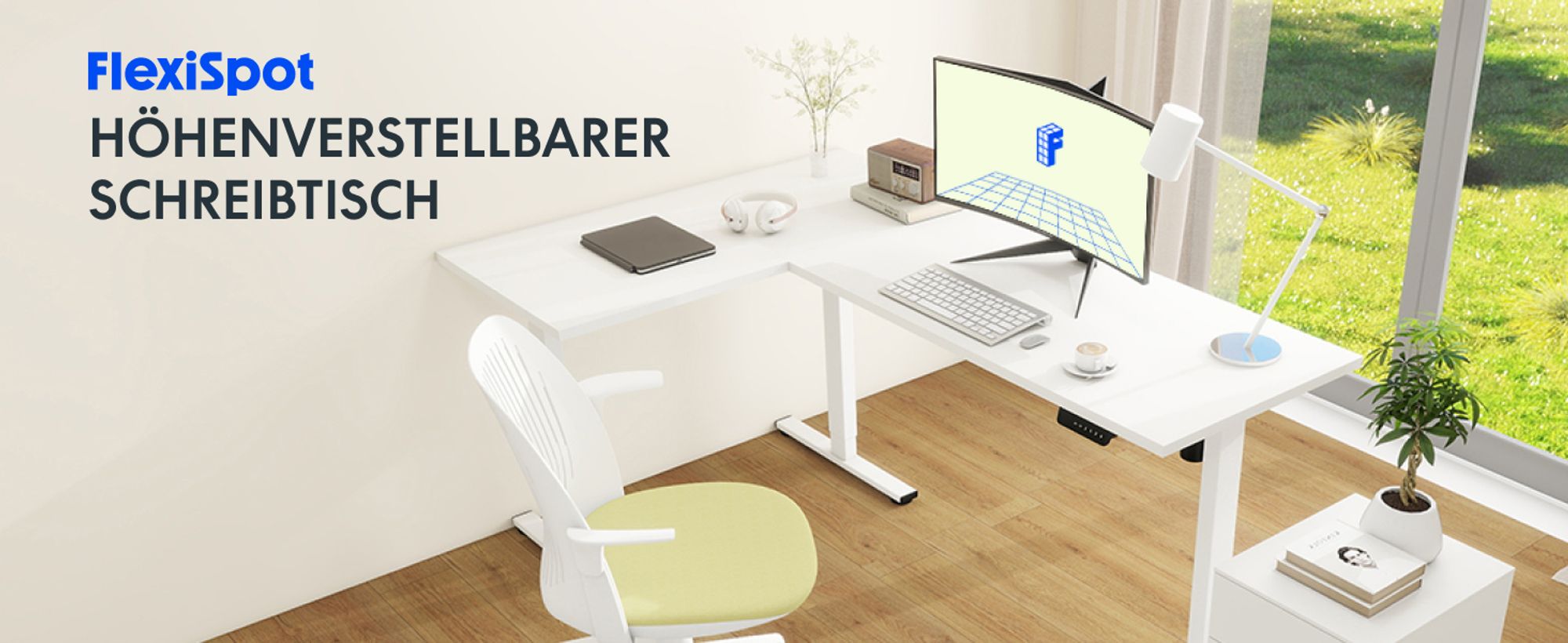 FLEXISPOT Höhenverstellbarer Schreibtisch 180x120cm L-förmiger Eckschreibtisch mit 3 Beinen, 4 Speicherplätzen, Antikollisionsschutz, LED (Weiß)