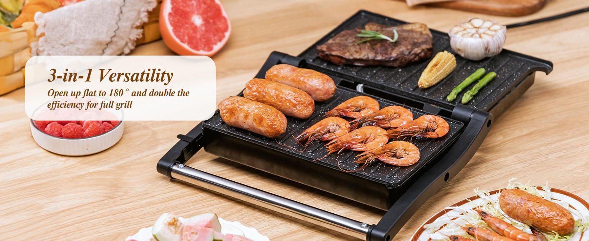 Aigostar - XXL Kontaktgrill Panini Grill, Sandwich Maker, Edelstahl, 1000W , Gleichmäßige Erwärmung, 180° Kontaktgrill, Leicht zu lagern