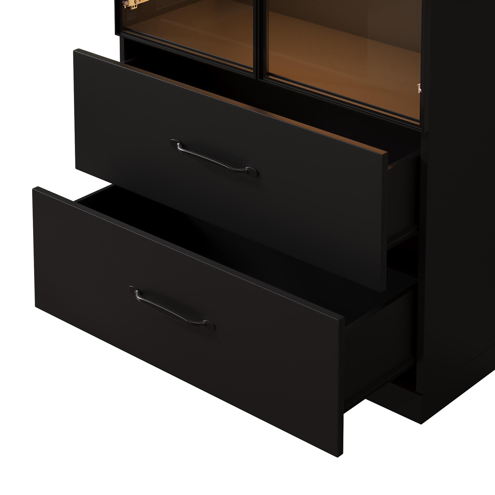 Merax Glasvitrine mit 2 Schubladen, mit Farbwechsel-LED, Hochschrank, Stehend Vitrinenschrank für Wohnzimmer Schlafzimmer, 60x40x160cm, Schwarz