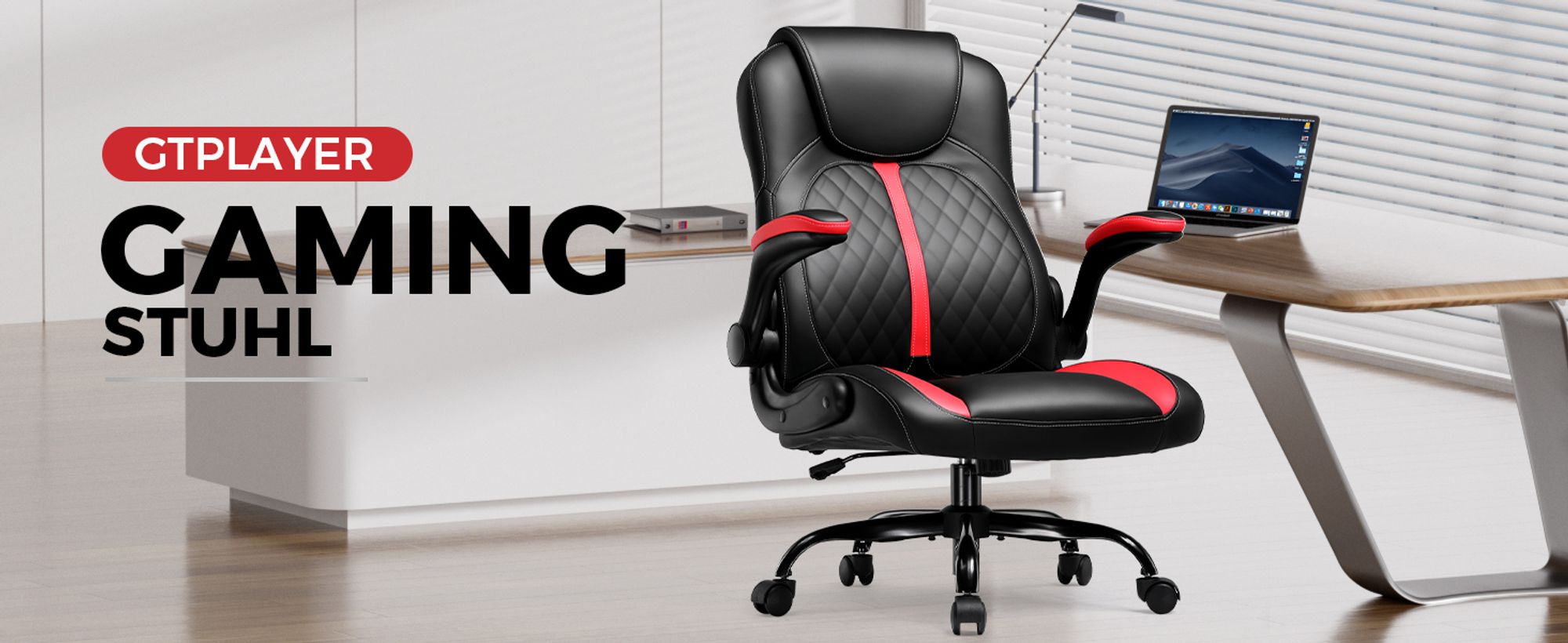 GTPLAYER Gaming Stuhl mit hochklappbarer Armlehne, Gamer Stuhl mit Schaukelfunktion, Ergonomischer Computer Gaming Stuhl mit hochdichtem Schwamm rot