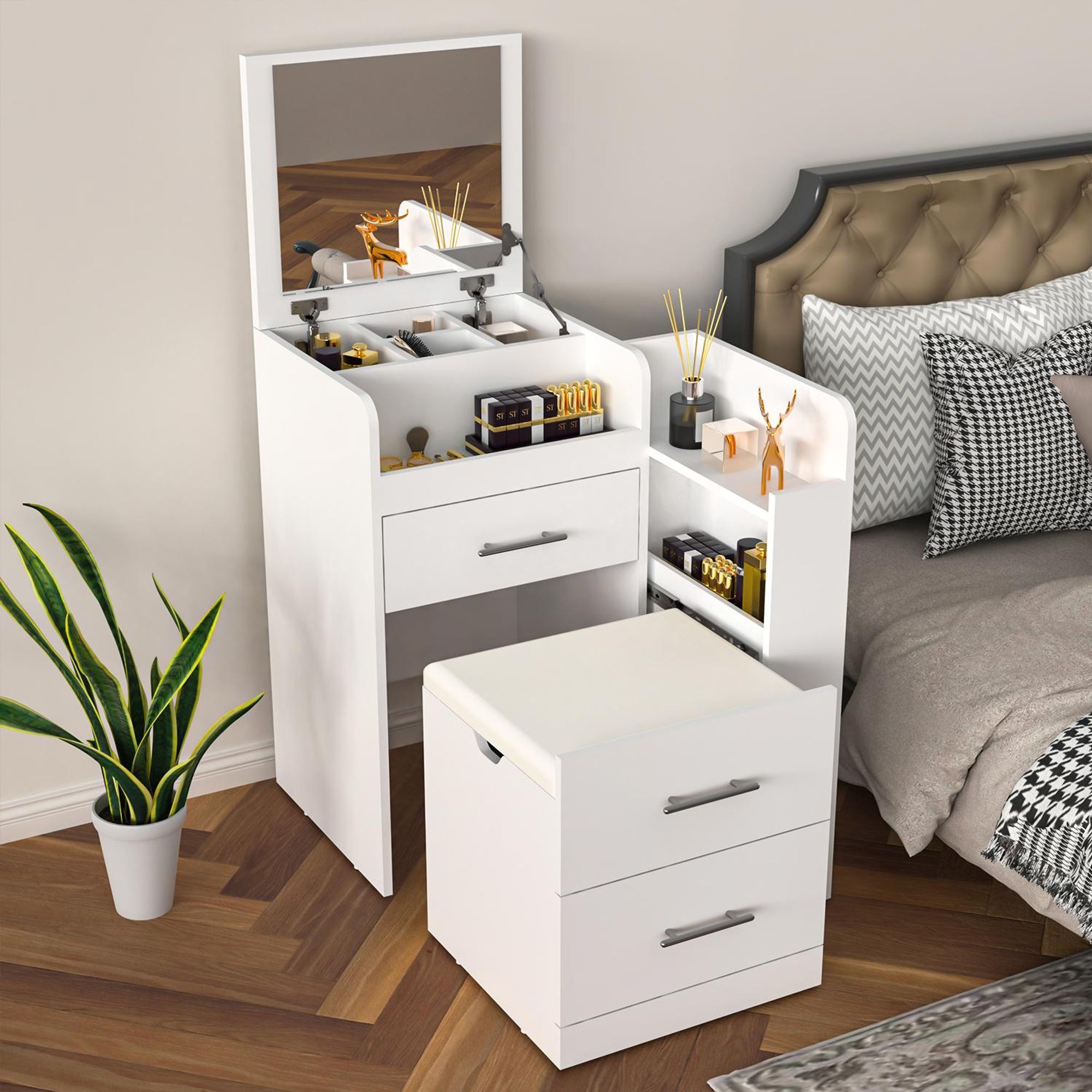 OYAJIA Schminktisch 3 in 1 Aufklappbarer Spiegel Schminktisch mit Hocker, Klapp-Nachttisch, 5 Schubladen, Weiß mit Schubladen, Fächern & Hocker