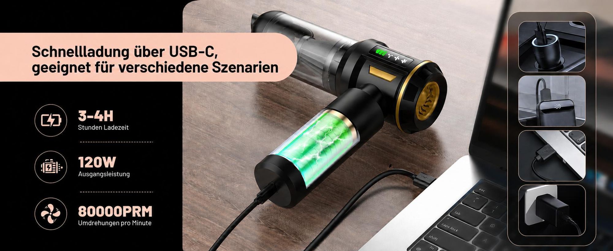 22000Pa Handstaubsauger, 4 in 1Autostaubsauger Kabelloser, 80.000 U/min Bürstenloser Motor, Mini staubsauger, 3 Stufen, LED anzeige, für Auto Haushalt