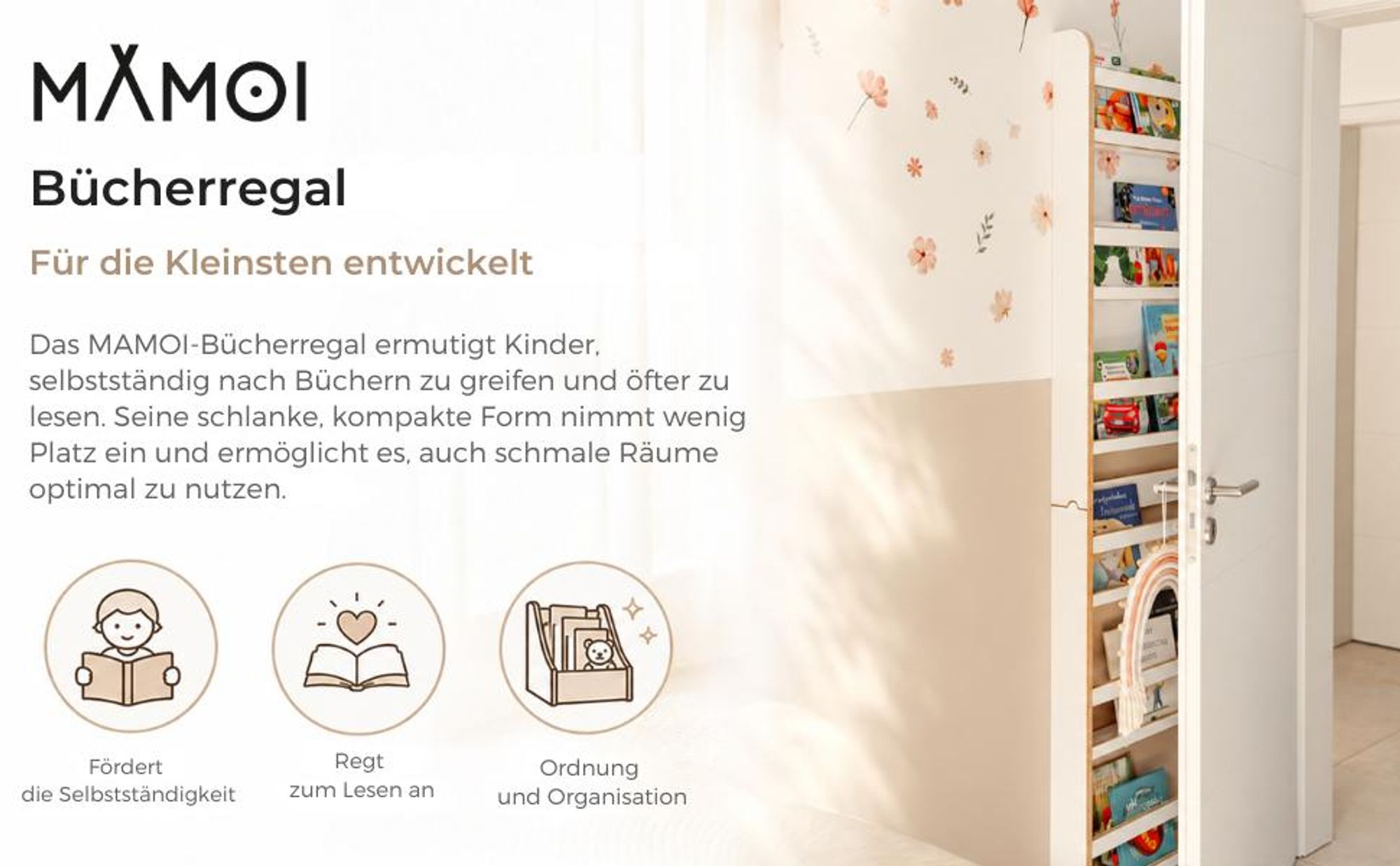 MAMOI® Kinderbücherregal aus Holz – Bücherkiste, Kinderbücherregal, Bücherregal für Kinderzimmer, Bücherbank, Wandregal, Montessori Kindermöbel