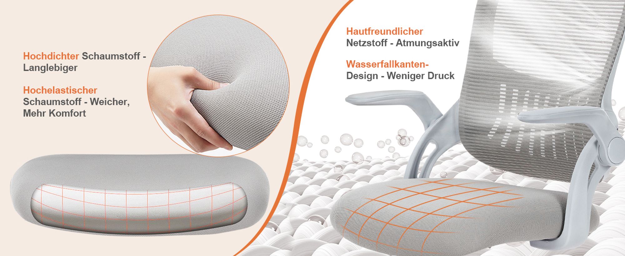 Bürostuhl – Ergonomischer Sitz – Sessel mit 90° klappbarer Armlehne – Lordosenstütze – höhenverstellbar - Drehstuhl - Chefsessel  - Grau
