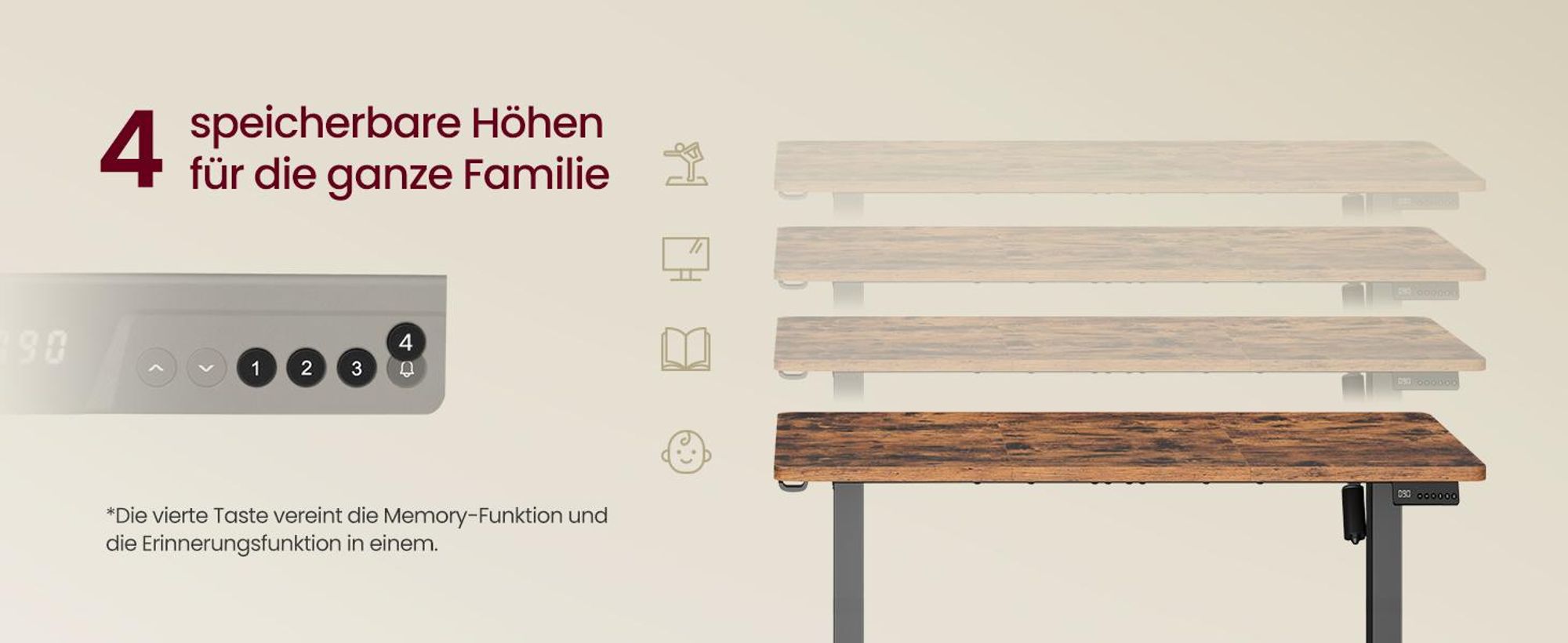 VASAGLE Höhenverstellbarer Schreibtisch, Schreibtisch Elektrisch Höhenverstellbar 80 x 50 cm, Stehschreibtisch mit 4 Memory-Tasten, Computertisch