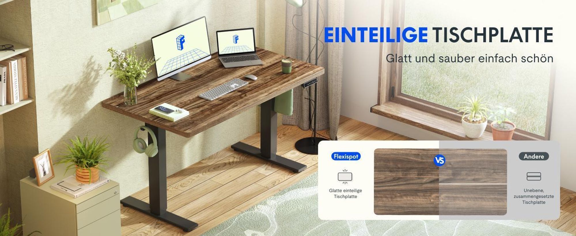 FLEXISPOT EN1 Höhenverstellbarer Schreibtisch 140x80cm, 100 kg Tragkraft, mit Anti-Kollisionsschutz,  Einteilige Tischplatte, 4 Memory-Funktion(Braun)