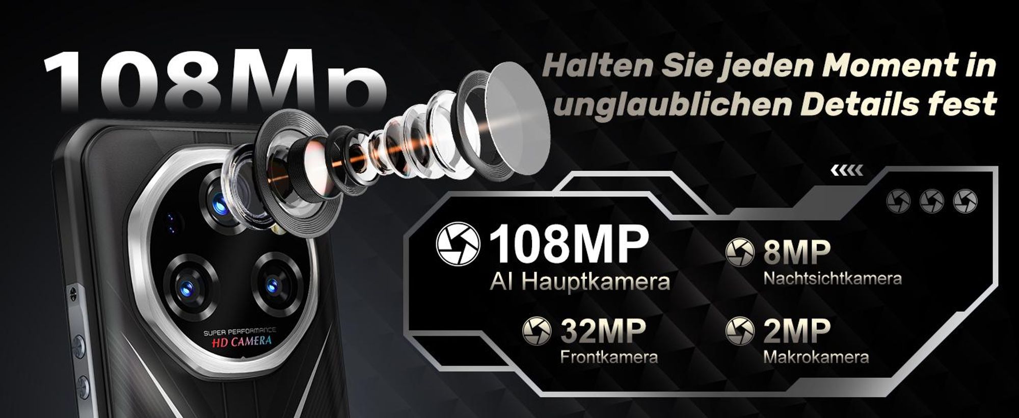 OUKITEL WP55 Pro 5G Android 15 Outdoor Handy 48GB+512GB/2TB 108MP+32MP 11000mAh/33W 6,6" FHD+ 120Hz Outdoor Smartphone IP68/NFC/OTG/GPS, Schwarz