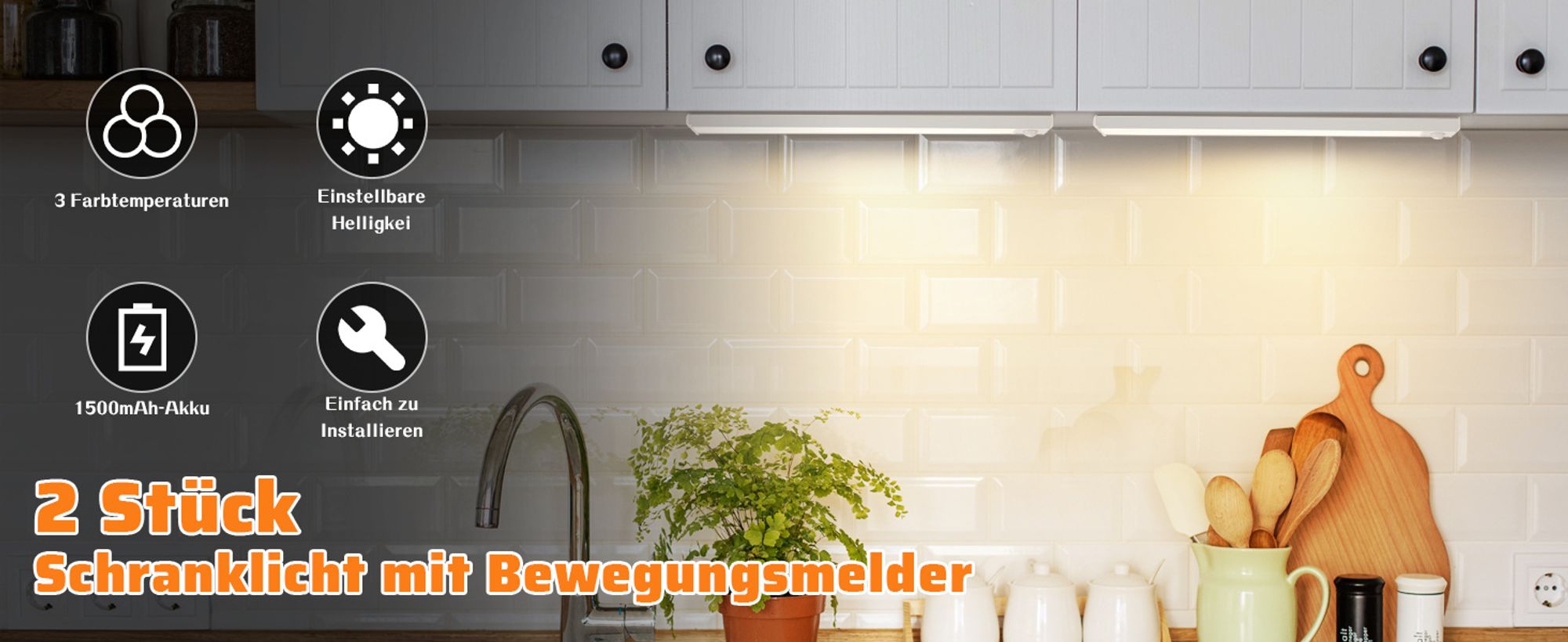 ZMH Unterbauleuchte Küche Led Dimmbar 30CM 2 Stück Schrankbeleuchtung mit Bewegungsmelder 3 Farbtemperatur Schranklicht USB Wiederaufladbar Küchenlich