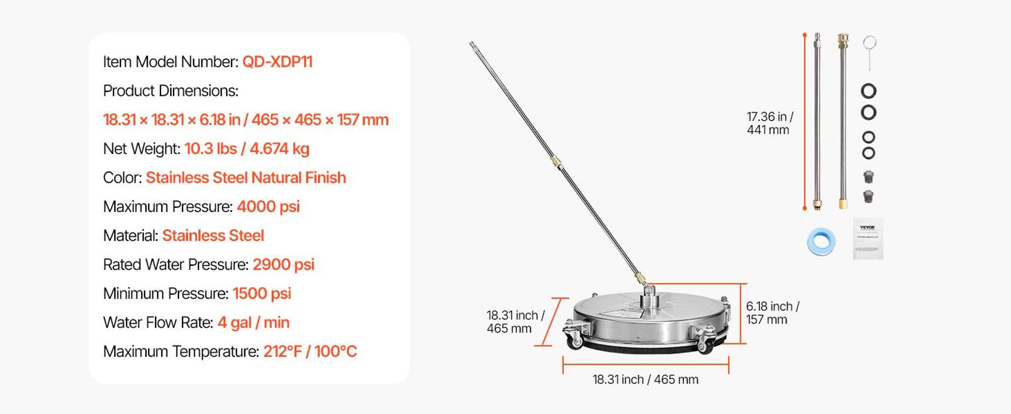 VEVOR 15" Hochdruckreiniger Flächenreiniger, Edelstahl Hochdruckreiniger Aufsätze mit 4 Rädern, 4000 Max PSI, 1/4 Schnellanschluss, 2 Sprühdüsen, 2 Verlängerungsrohre für Beton, Terrasse, Deck, Edelstahl-d, 45.7 cm-a
