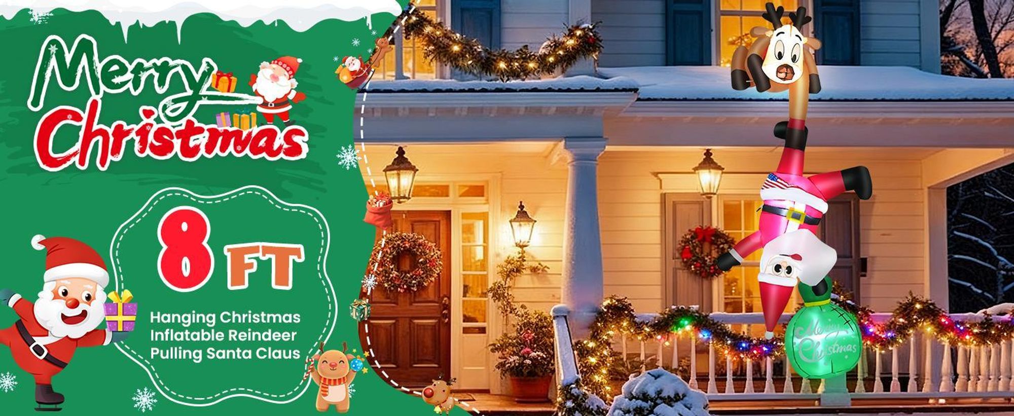 2,5m Hängende Weihnachts-Aufblasbare Rentier & Weihnachtsmann mit LED Deko für Dach Garten Party