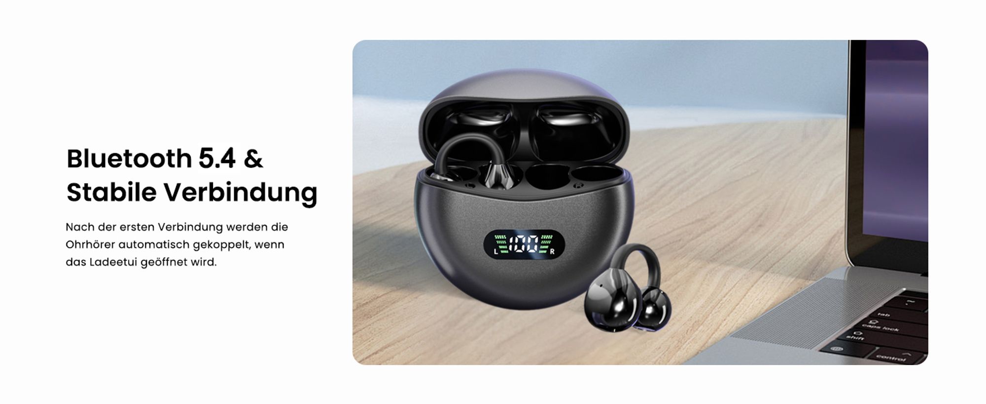 Bluetooth Kopfhörer, Sport Kopfhörer, In Ear Kopfhörer, Bluetooth 5.4 Sport-Kopfhörer( Offenes Ohrclip-Design , HiFi Stereo, 60 Std Laufzeit, IPX7）