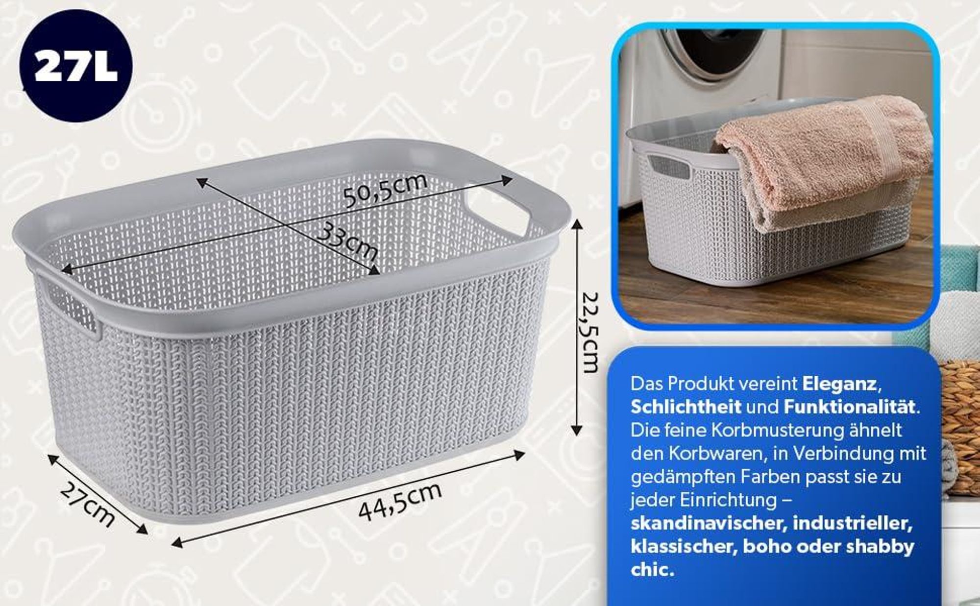 Wäschekorb, multifunktionaler Korb, 27 l, Kunststoff-Wäschekorb, Aufbewahrungskorb, Wäschekorb für das Badezimmer, viel Kleidung, Accessoires, Spielzeug, Wäschebox (grau)