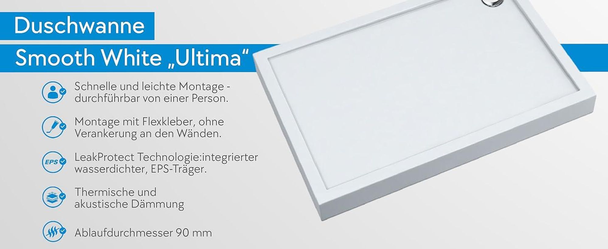 AQUABAD® Duschwanne Ultima LeakProtect® Smooth White 70x100cm Rechteck